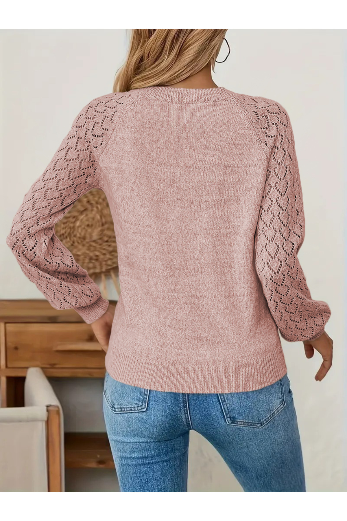 AQE FASHION  Kadın Triko Kazak Pudra V Yaka Ajurlu Şık Desenli Uzun Kollu Moda - Görsel 4