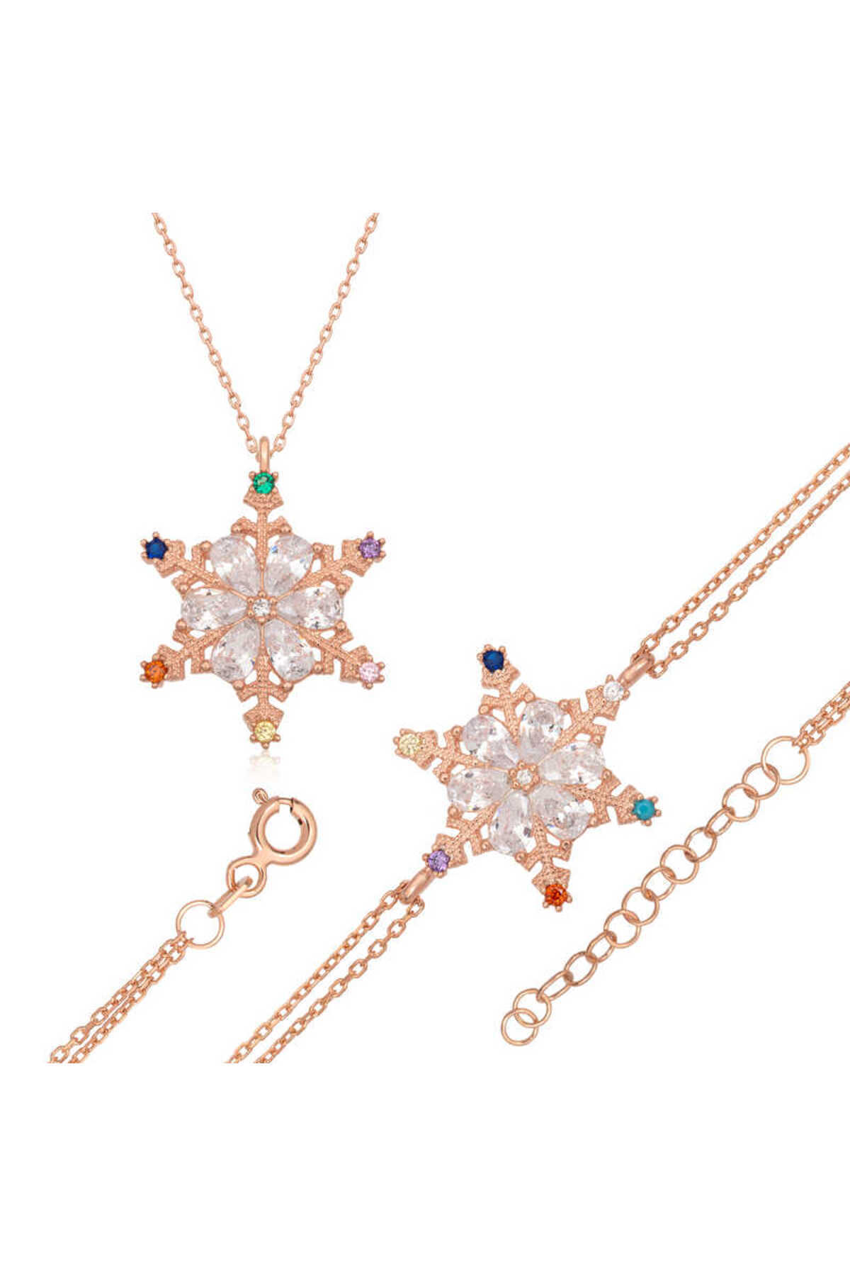 BlackCraft 925 Ayar Gümüş Renkli Taşlı Kar Tanesi Kadın Set (BC-A40ABE)