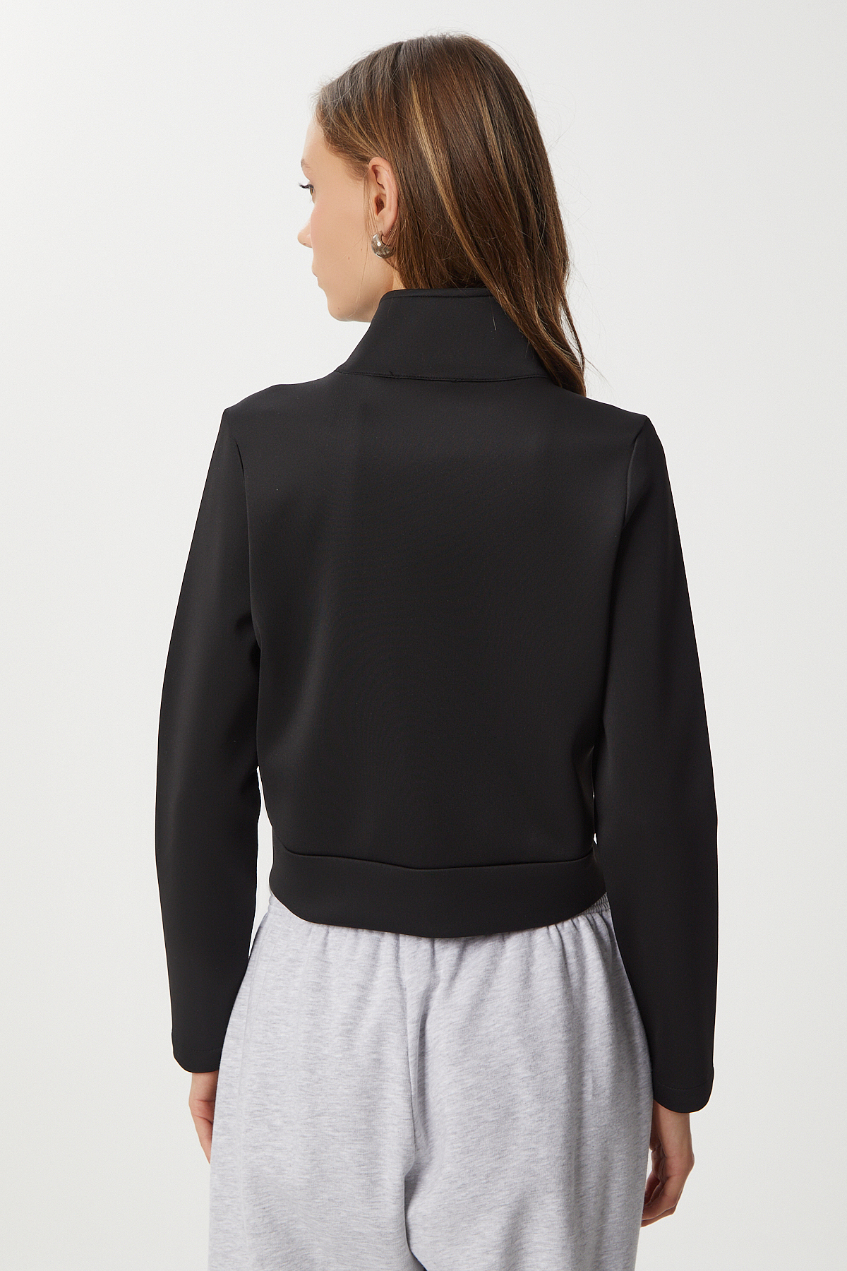 Lovelyİstanbul Fermuarlı Crop Scuba Örme Sweatshirt LPX0003 SİYAH görsel 5