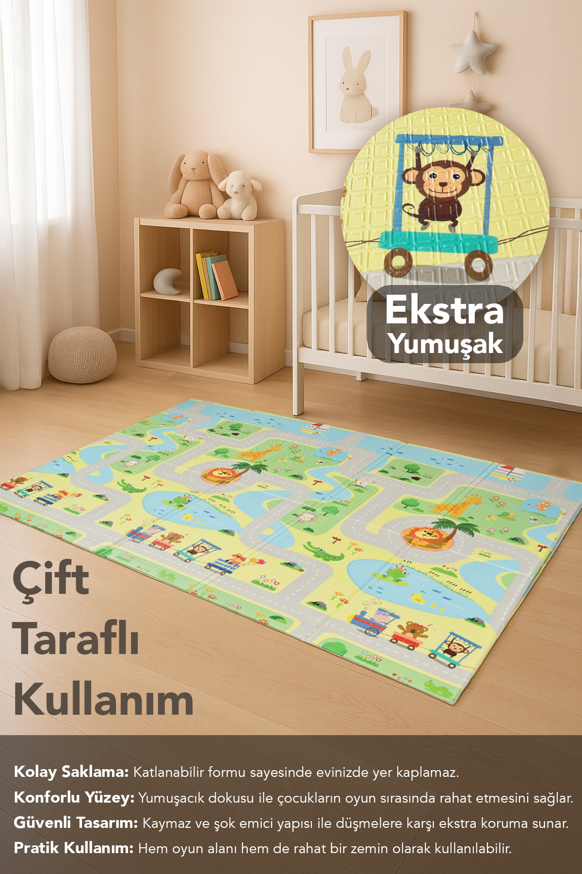 Meleni Baby Çift Taraflı Çocuk Halısı - Katlanabilir Orman ve Hayvan Desenli Bebek Çocuk Oyun Matı 130x200 cm fotoğrafı 2 (önizleme)
