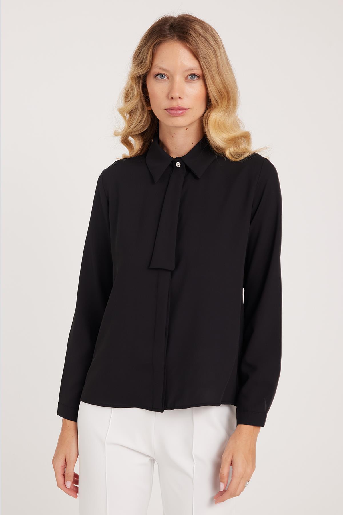 Tudors  Kadın Standart Fit Normal Kesim Fiyonklu Siyah Gömlek - Görsel 5