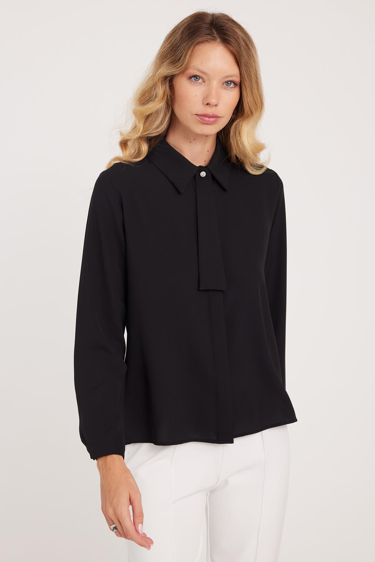 Tudors  Kadın Standart Fit Normal Kesim Fiyonklu Siyah Gömlek - Görsel 3