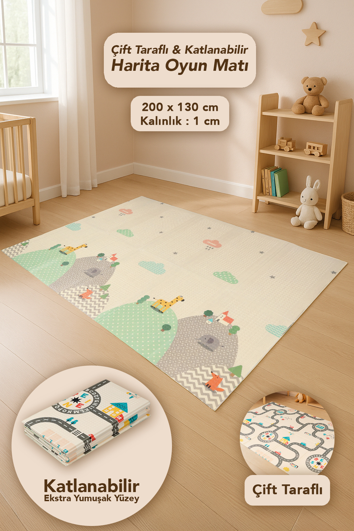 Meleni Baby Çift Taraflı Çocuk Halısı - Katlanabilir Hayvan ve Harita Desenli Bebek Çocuk Oyun Matı 130x200 cm
