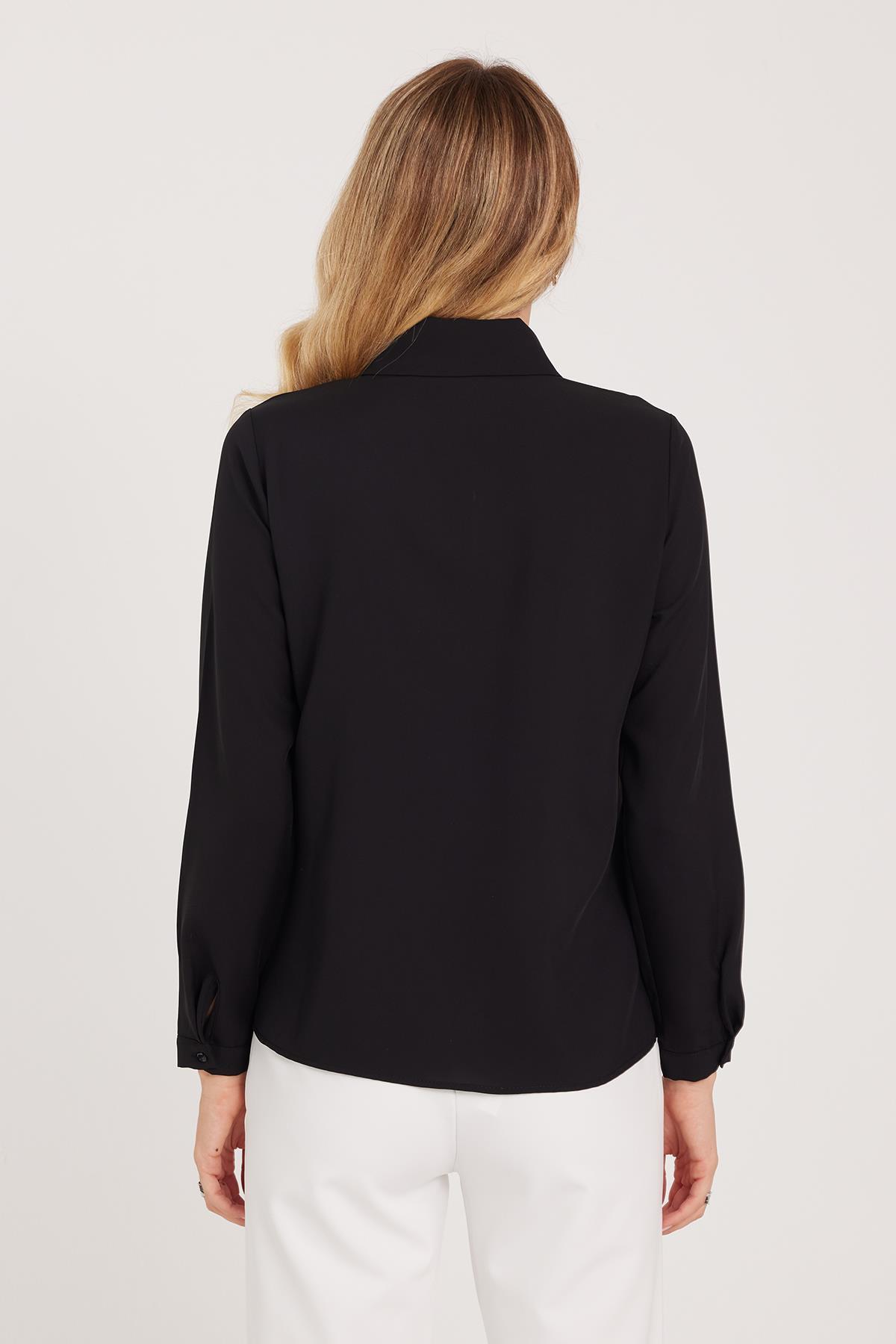 Tudors  Kadın Standart Fit Normal Kesim Fiyonklu Siyah Gömlek - Görsel 7