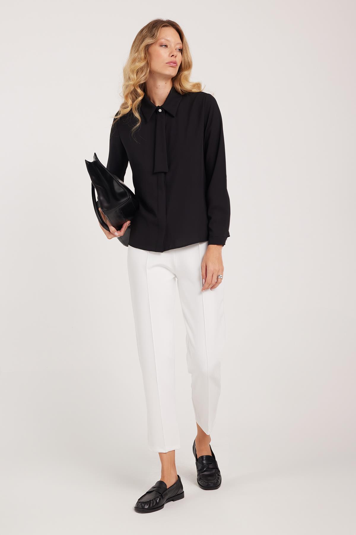 Tudors  Kadın Standart Fit Normal Kesim Fiyonklu Siyah Gömlek - Görsel 4