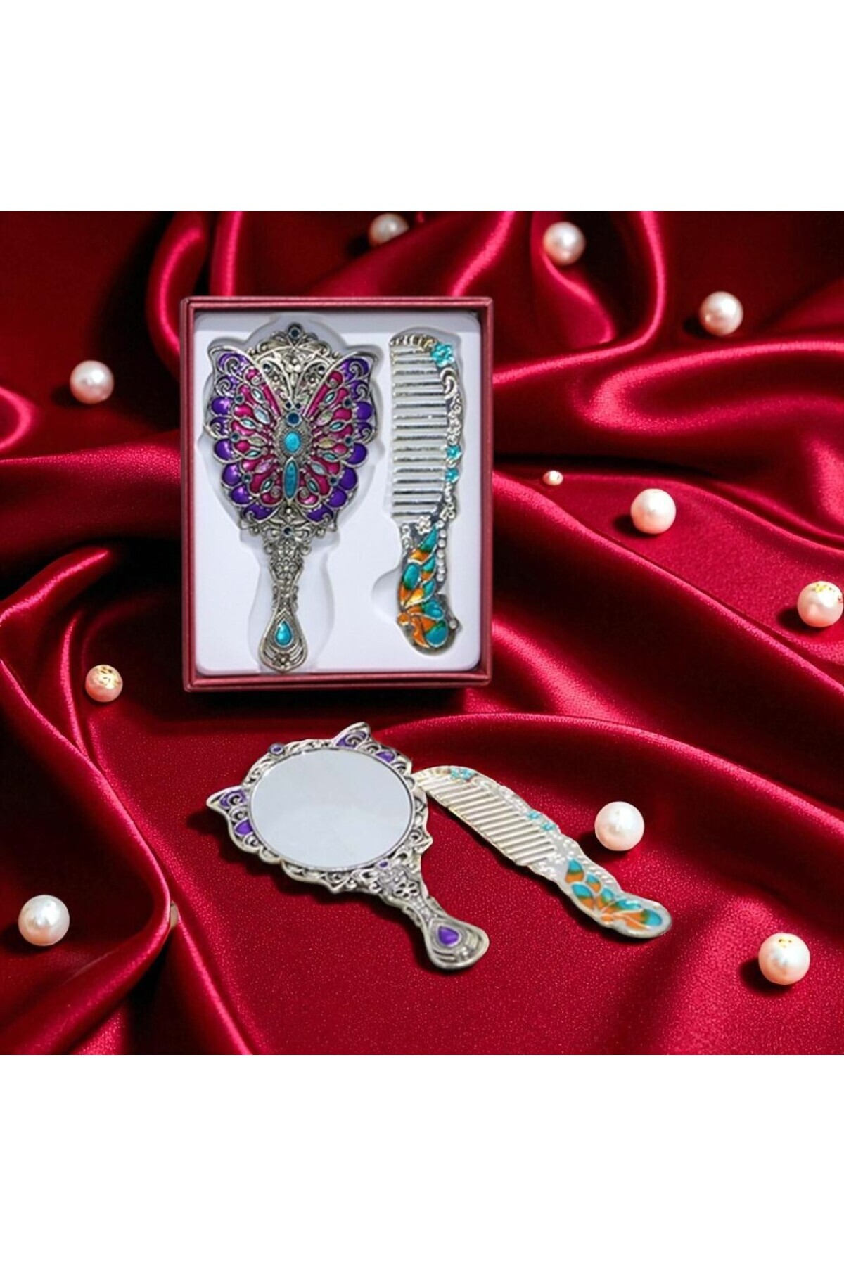 Kuzey Tacı Kelebek Ayna Ve Tarak Seti Küçük Boy Özel Tasarım Vip 2 Renk Seçeneği 13 Cm
