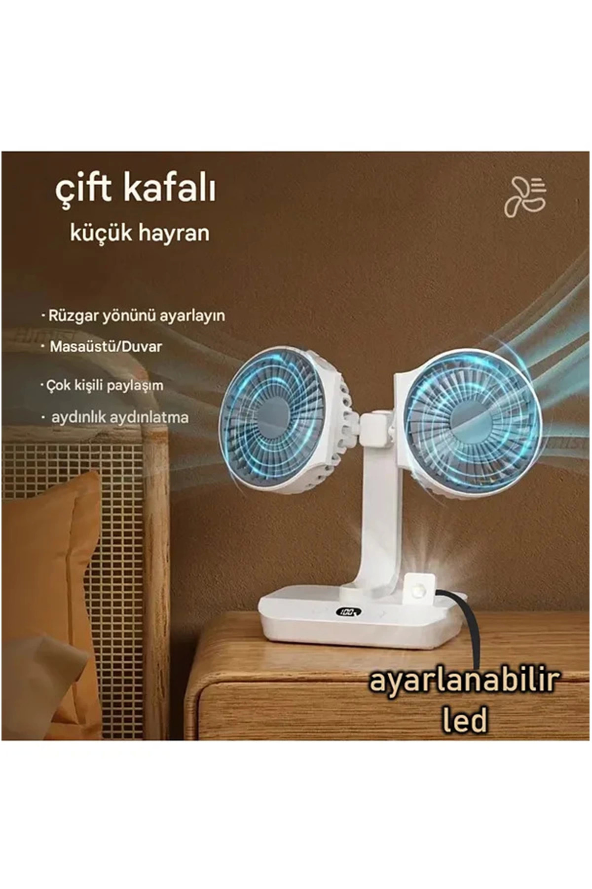 BALCI Masaüstü Dijital Ekranlı Çift Fanlı Led Işıklı Soğutucu Fan Ev Ofis Şarjlı Vantilatör - Lisinya