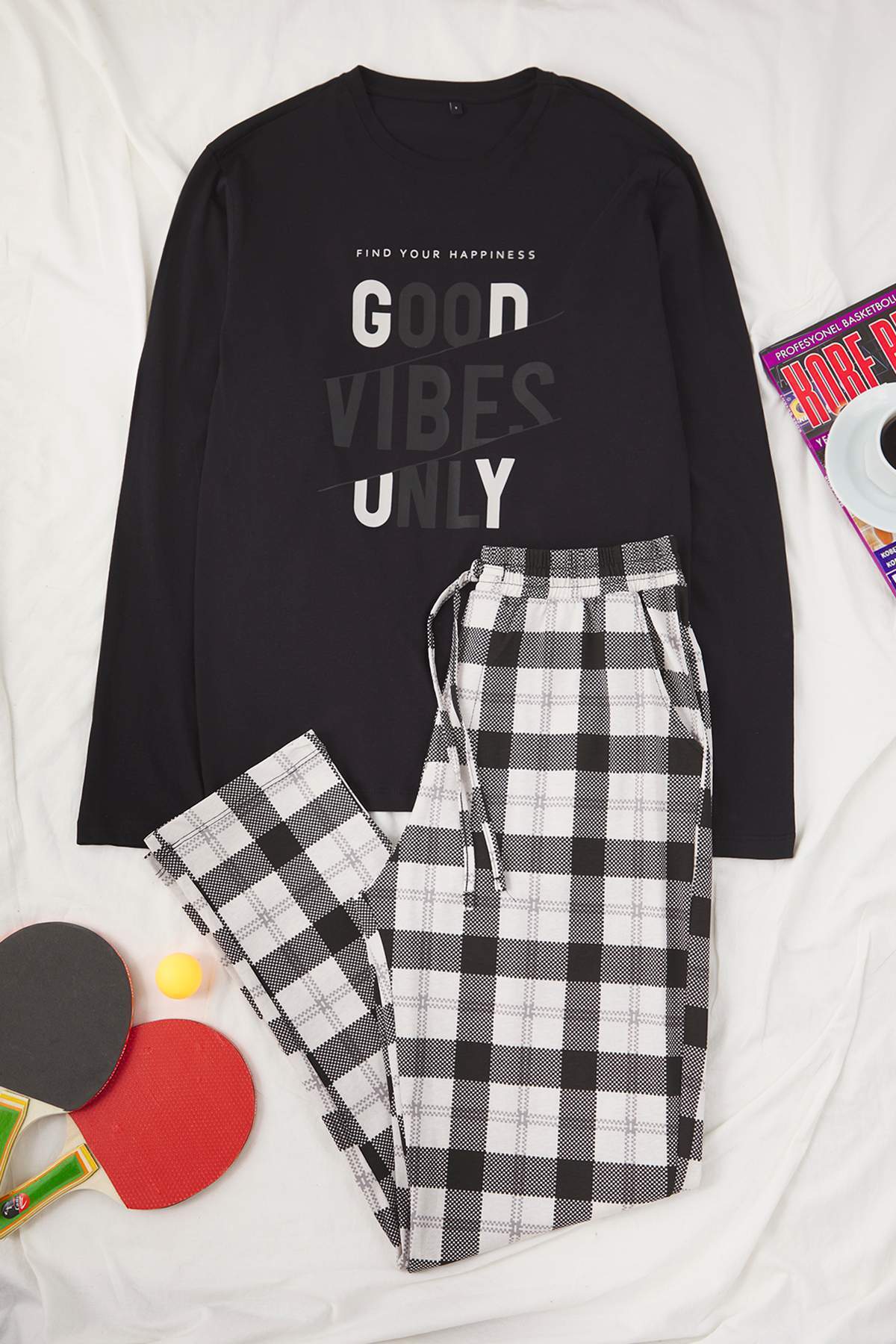 Trendyolmilla Man Siyah Regular Ekose Baskılı Örme Pijama Takımı TMNAW24PT00023