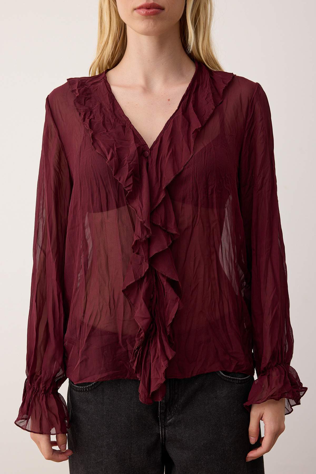 Trendyolmilla  Mürdüm Boho Kırışık Görünümlü Şifon Transparan Gömlek TWOAW26GO00070 - Görsel 3