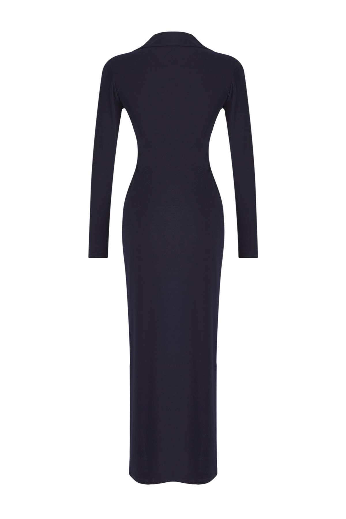 Trendyolmilla  Lacivert Polo Yaka Düğmeli Vücuda Oturan Maxi Örme Gömlek Elbise TWOAW26EL00110 - Görsel 6