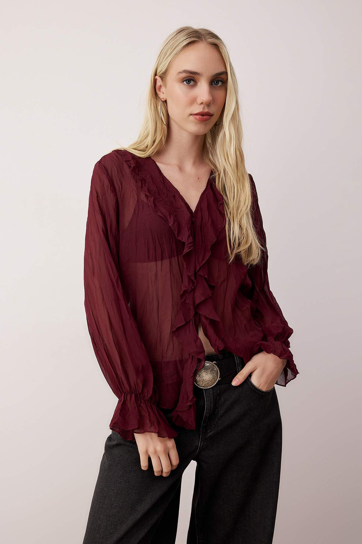 Trendyolmilla  Mürdüm Boho Kırışık Görünümlü Şifon Transparan Gömlek TWOAW26GO00070 - Görsel 2