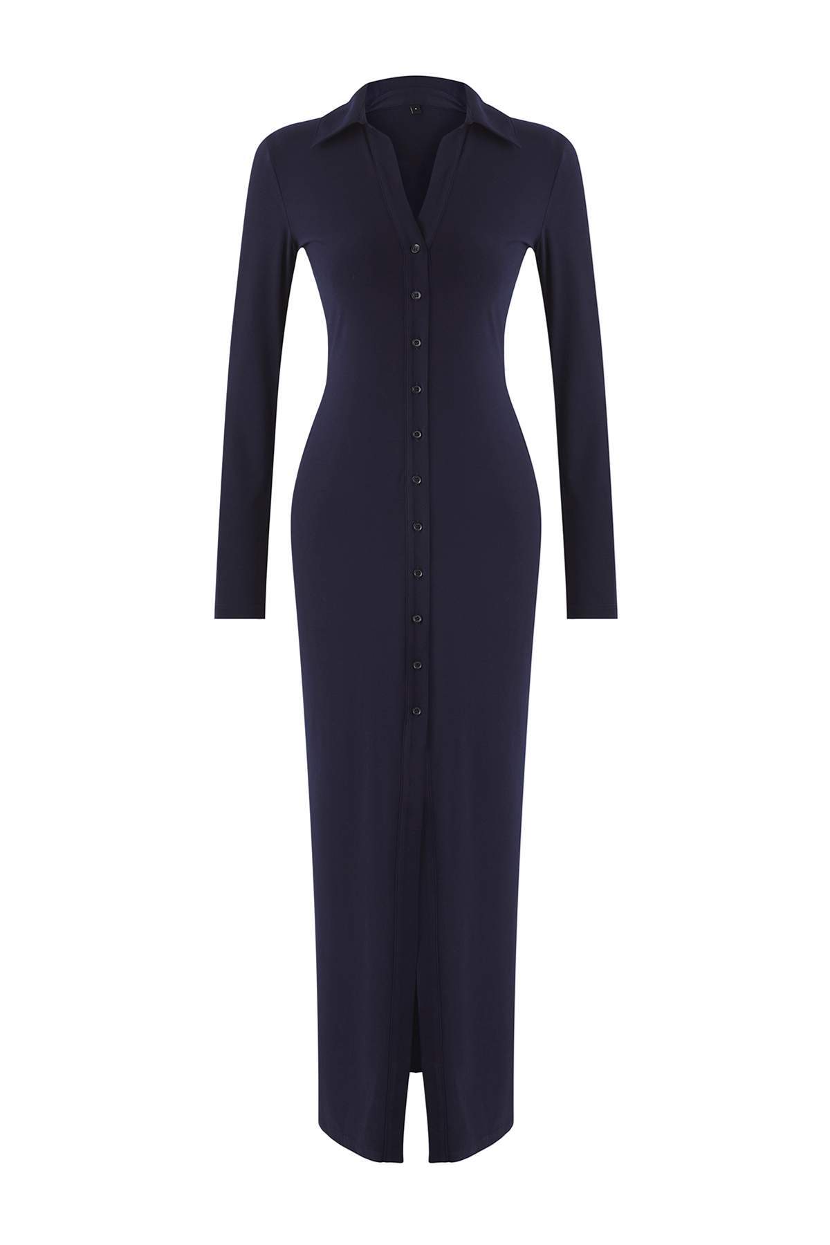 Trendyolmilla  Lacivert Polo Yaka Düğmeli Vücuda Oturan Maxi Örme Gömlek Elbise TWOAW26EL00110 - Görsel 5
