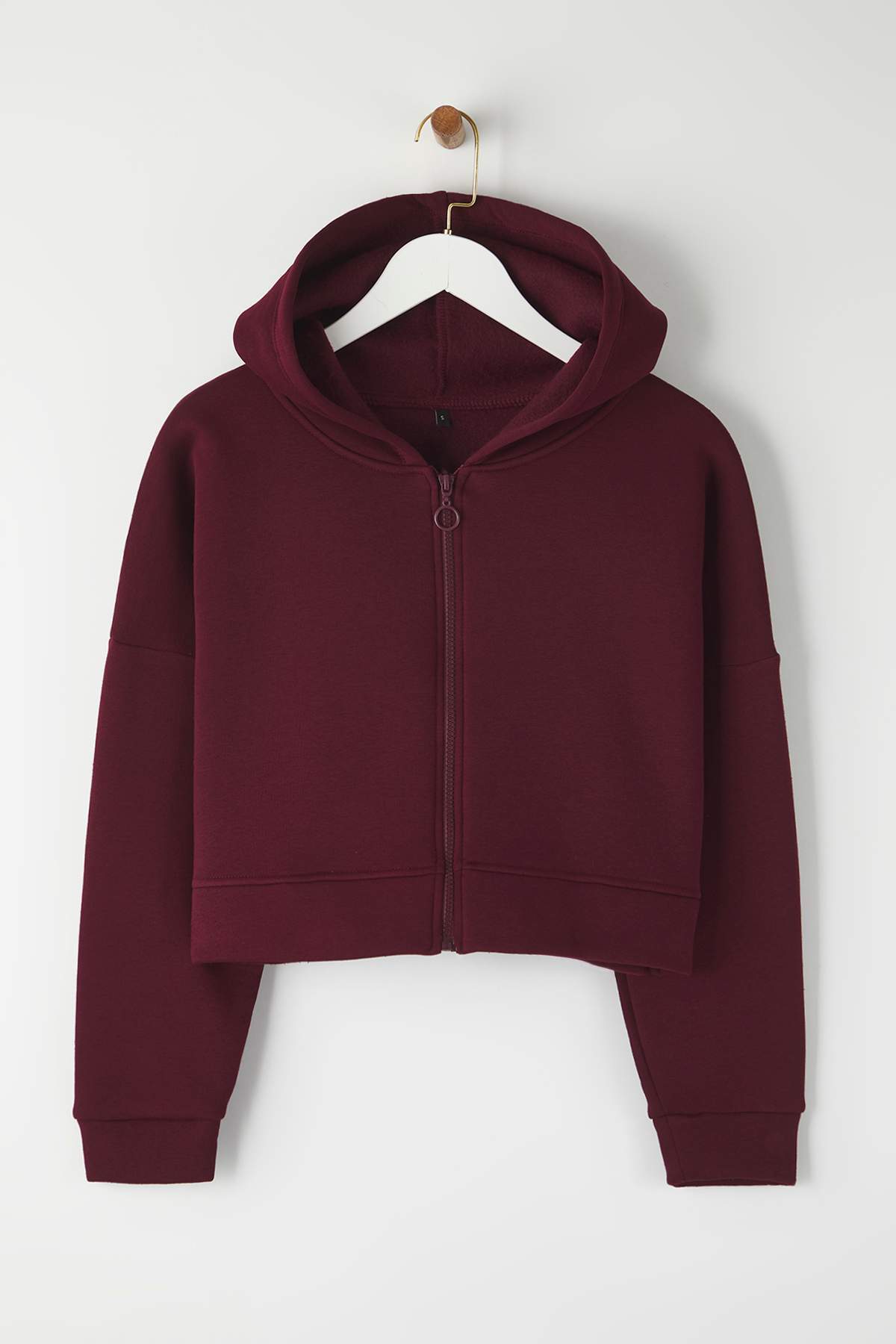 Trendyolmilla  Bordo Fermuarlı Kapüşonlu Rahat Kesim Crop Kalın İçi Polarlı Örme Sweatshirt TWOAW20SW0660 - Görsel 5