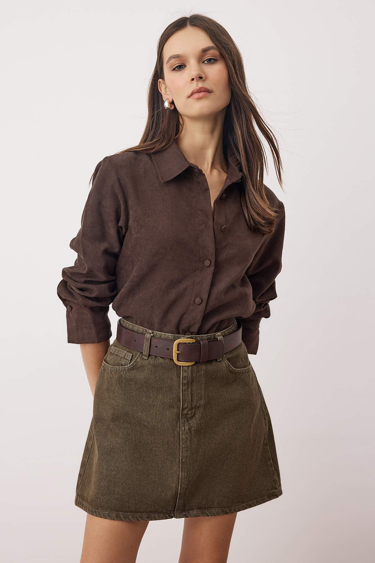 Trendyolmilla  Haki Mini Basic Denim Etek TWOAW26ET00049 - Görsel 2