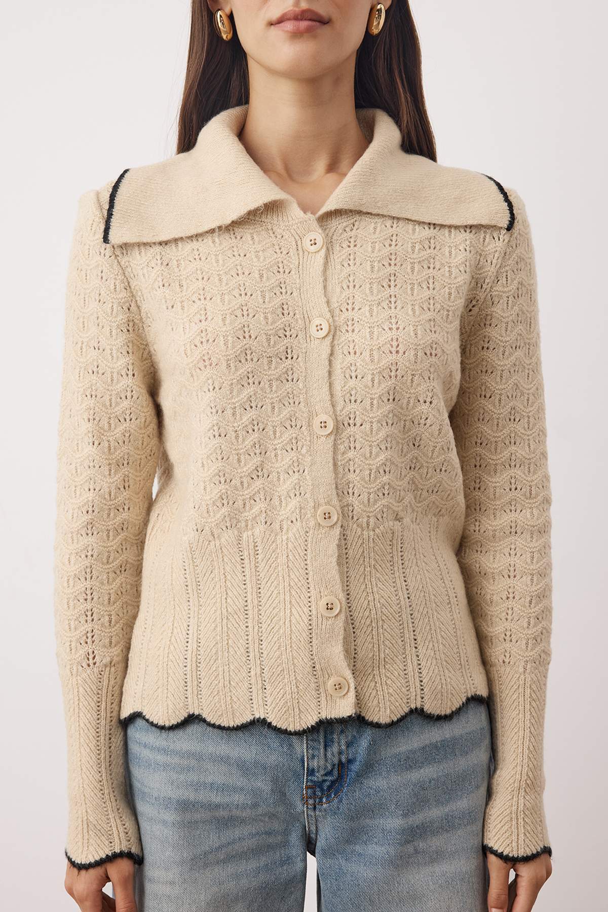 Trendyolmilla  Taş Devrik Yaka Pointelle Fitted Triko Hırka TWOAW26HI00073 - Görsel 7