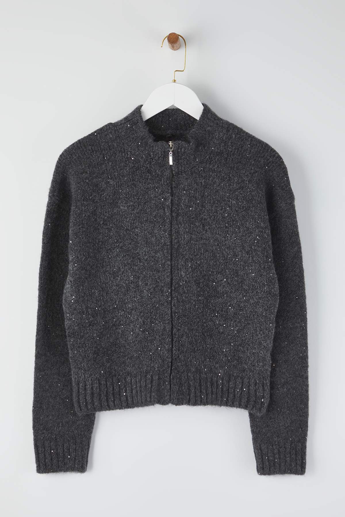 Trendyolmilla  Antrasit Fermuarlı Dik Yaka Yumuşak Dokulu Payetli Triko Hırka TWOAW26HI00053 - Görsel 6