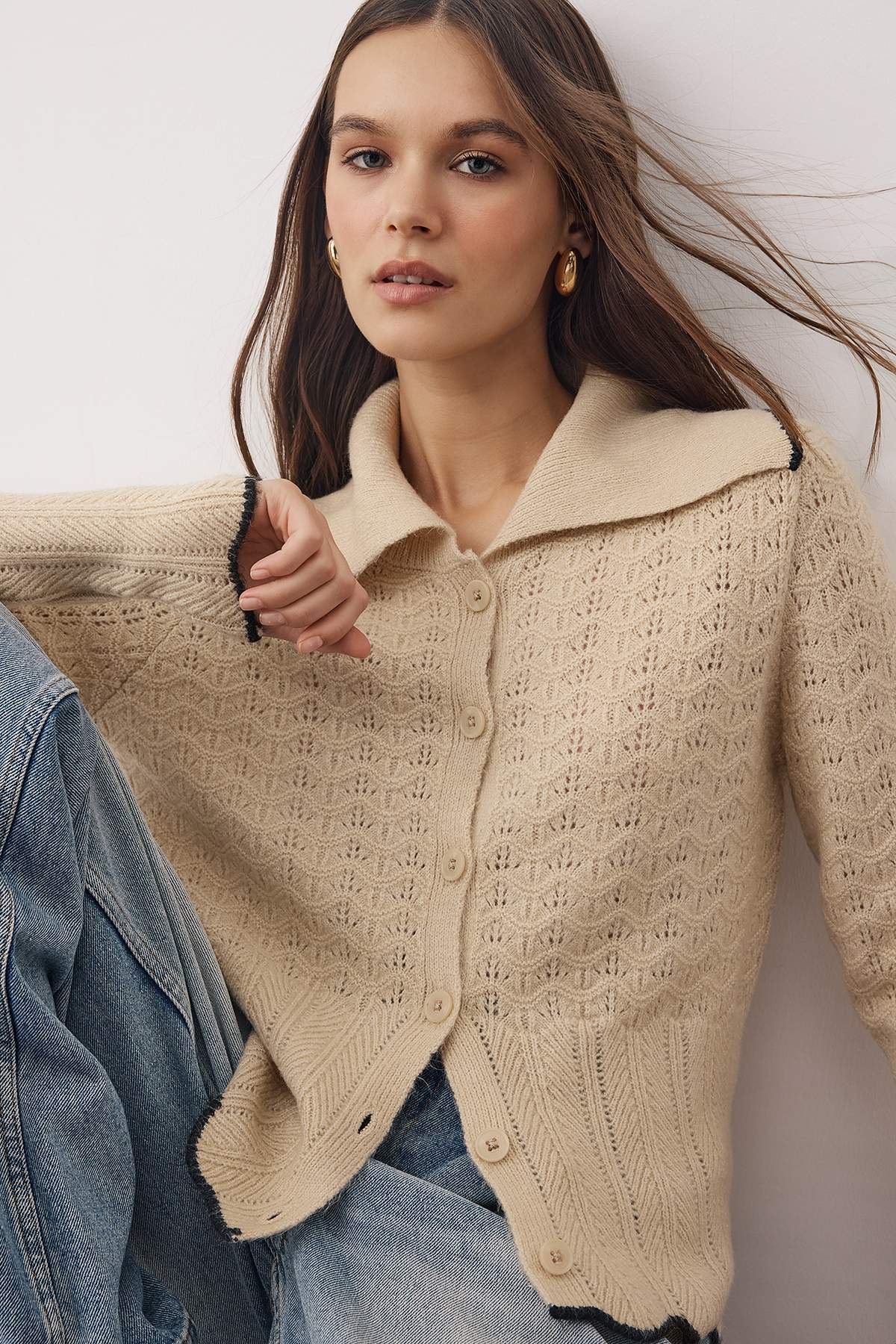 Trendyolmilla  Taş Devrik Yaka Pointelle Fitted Triko Hırka TWOAW26HI00073 - Görsel 6