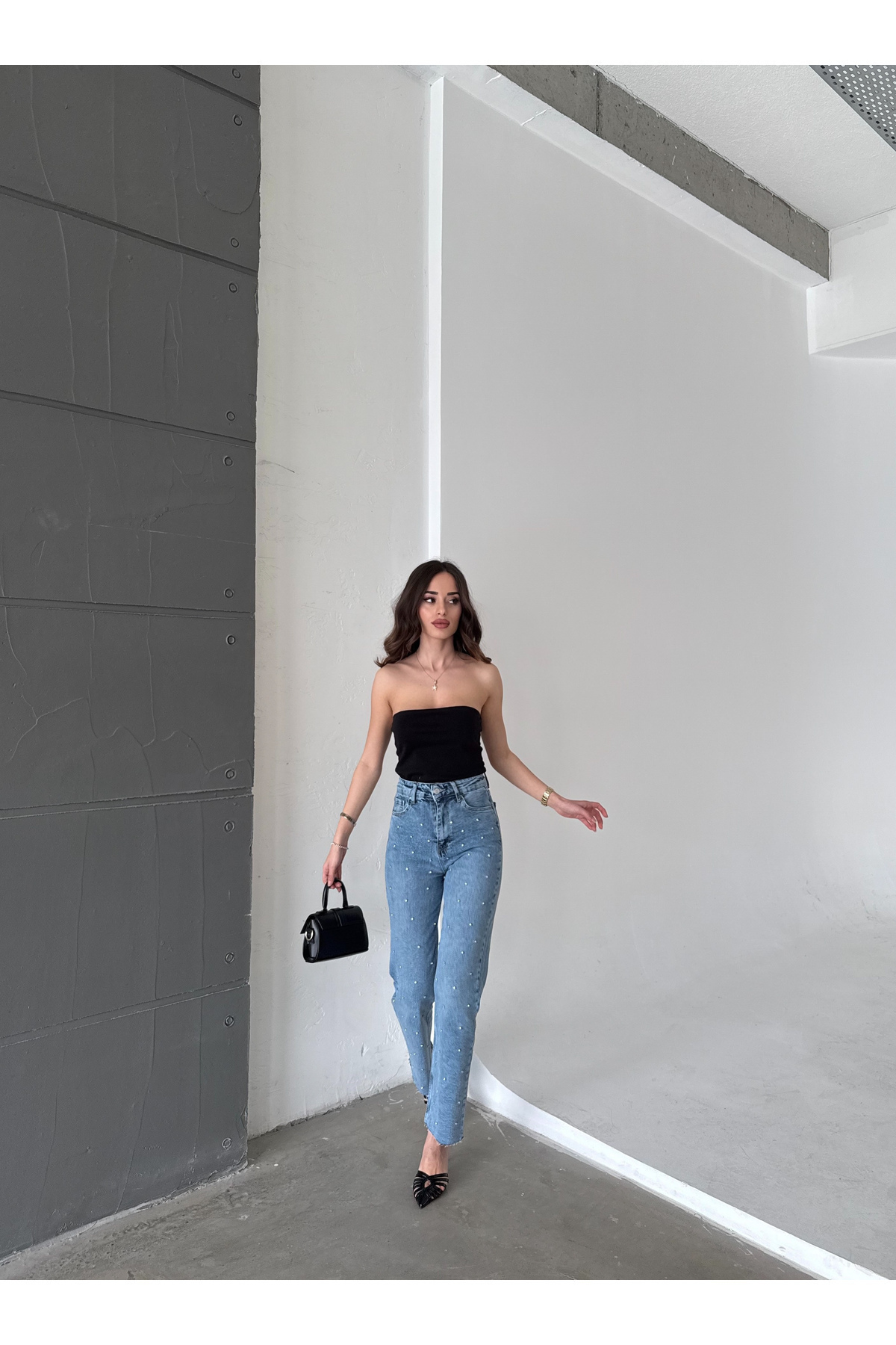 Bluezoni  Kadın Mavi Renk Parlak Taşlı Wide Leg Özel Tasarım Denim Palazzo Pantolon - Görsel 8