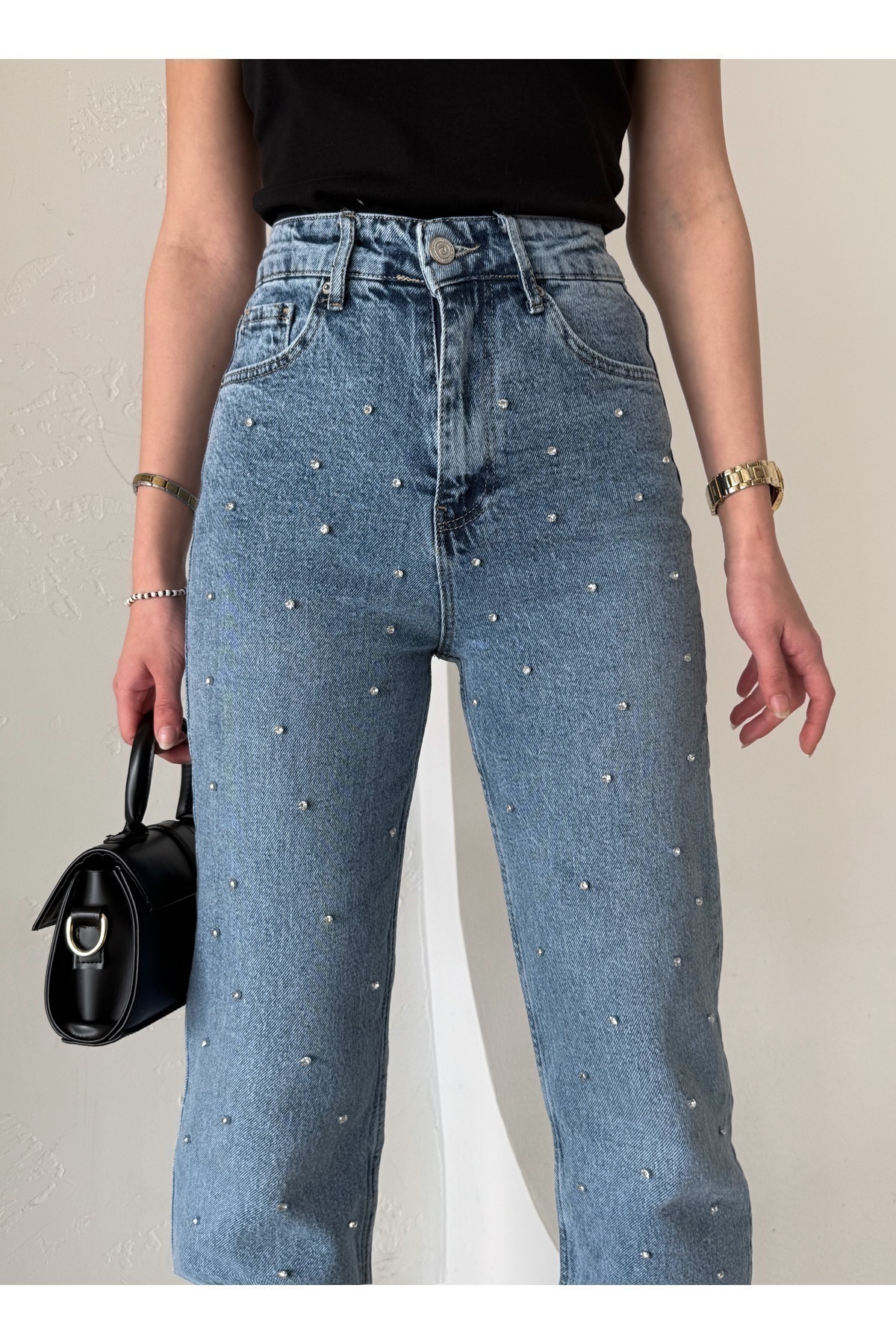 Bluezoni  Kadın Mavi Renk Parlak Taşlı Wide Leg Özel Tasarım Denim Palazzo Pantolon - Görsel 4