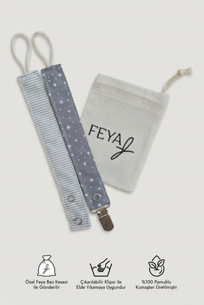 Feya Vika 2'li Yıldız&çizgi Desenli Pamuklu Yıkanabilir Emzik Askısı - Gri