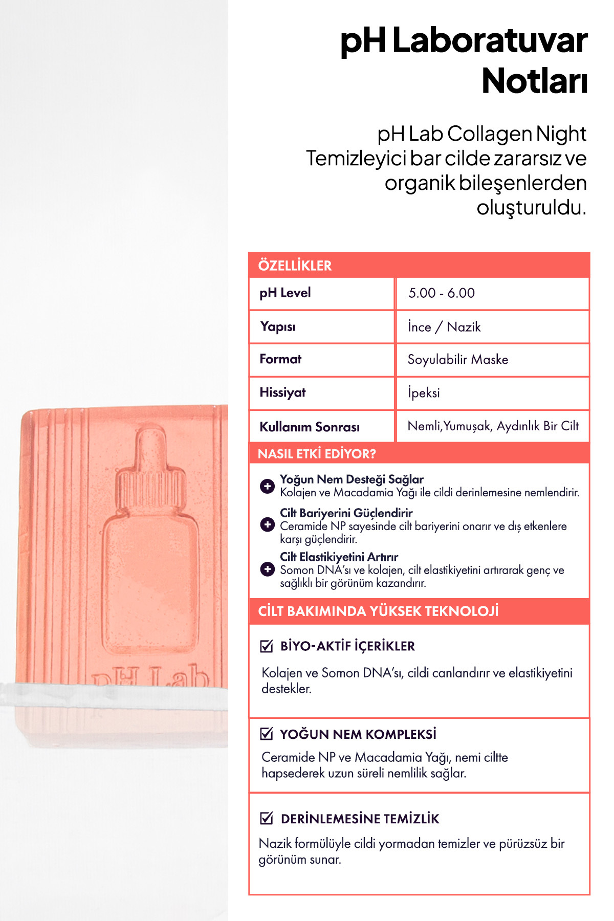 Phlab Collagen Night Kolajen ve Somon DNA'lı Gece Yüz Bakım Barı, Kolajen Sabunu, Porselen Cam Cilt — PCNKS01 — تصویر 4 از 7