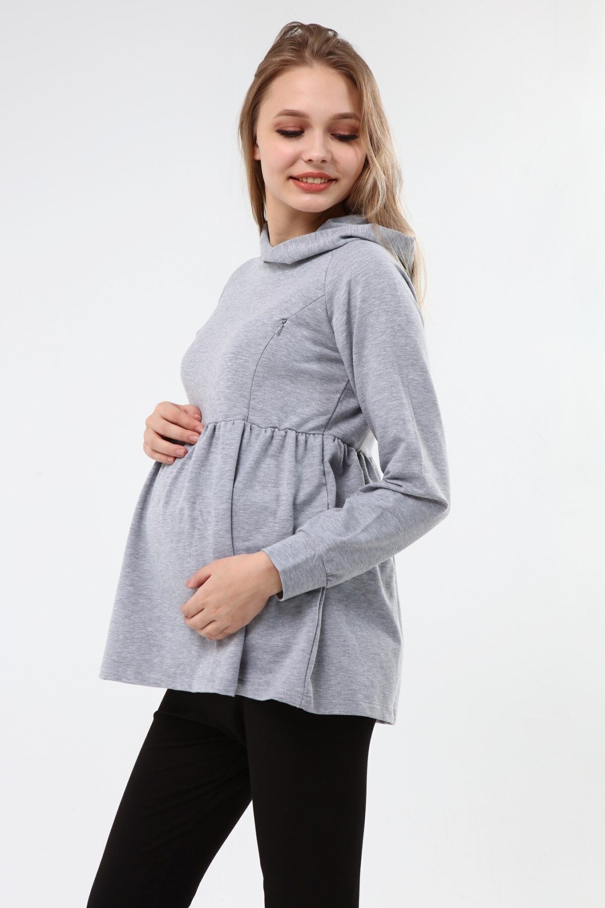 Luvmabelly Myra4530 Büzgülü Fermuarlı Emzirme Sweatshirt -gri görsel 3