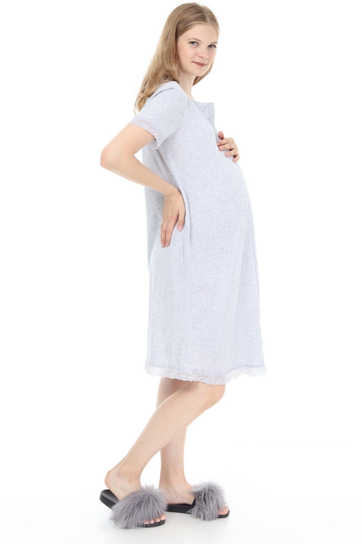 Luvmabelly Myra9590 Önden Çıt Çıtlı Dantelli Hamile Geceliği - Gri fotoğrafı 2 (önizleme)