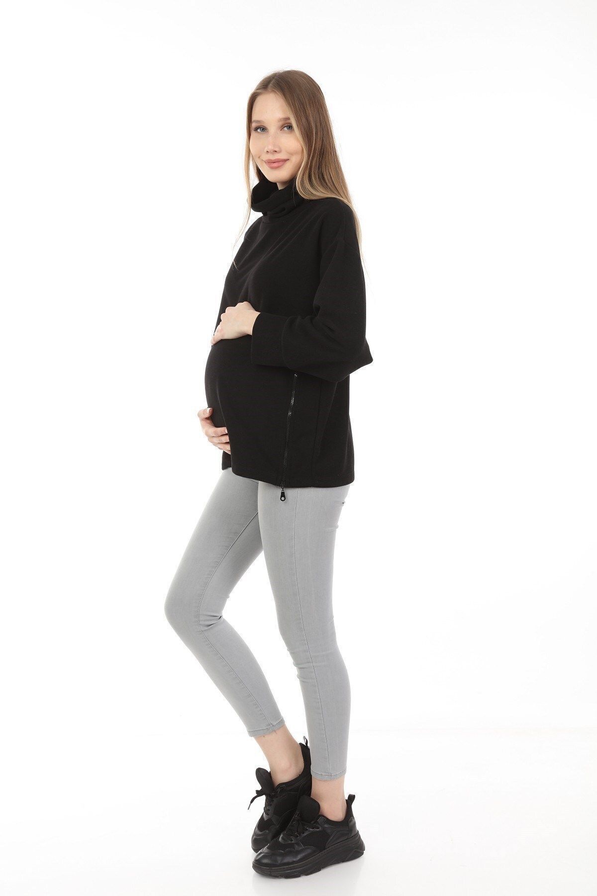 Luvmabelly Myra4280 Fermuarlı Hamile Sweatshirt -siyah görsel 3