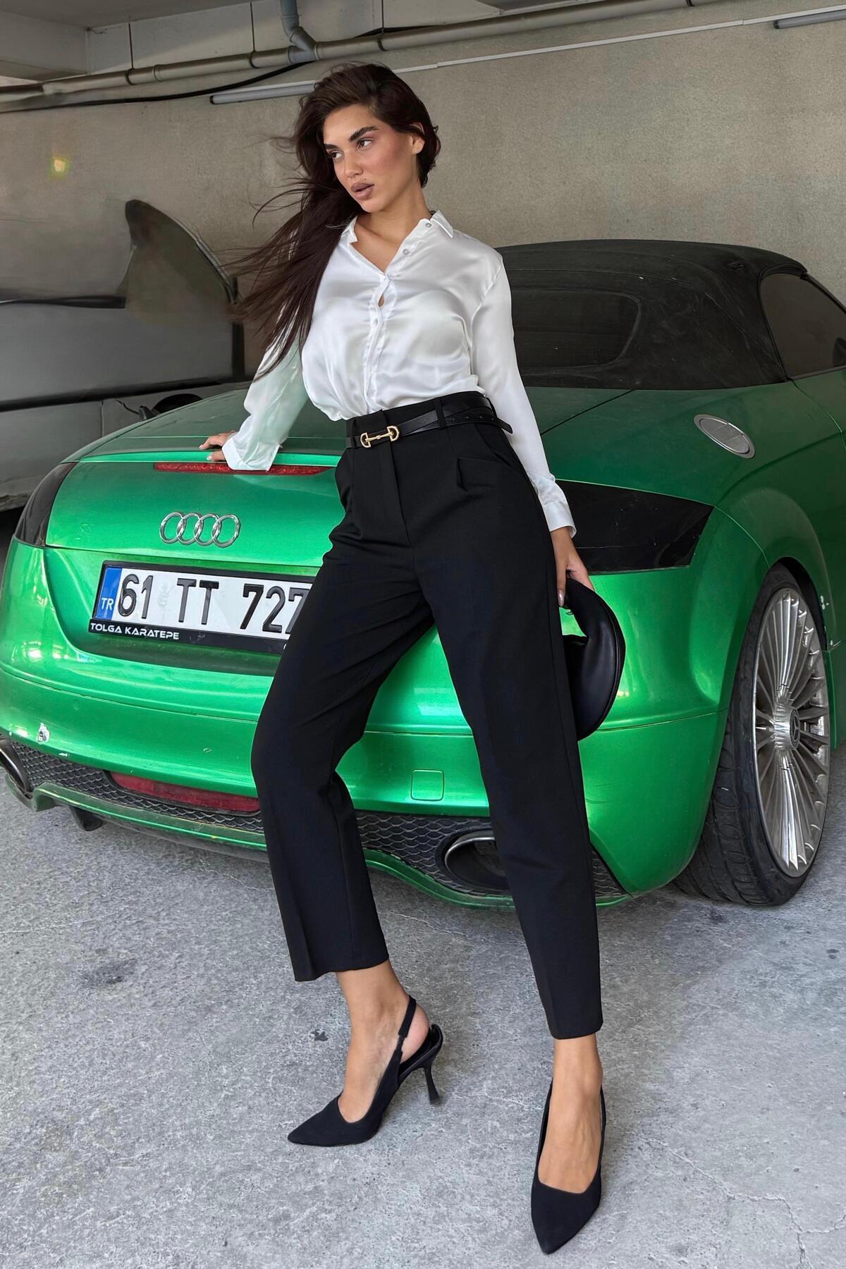 Madmext Siyah Yüksek Bel Pileli Kadın Kumaş Pantolon Mg2507 görsel 6