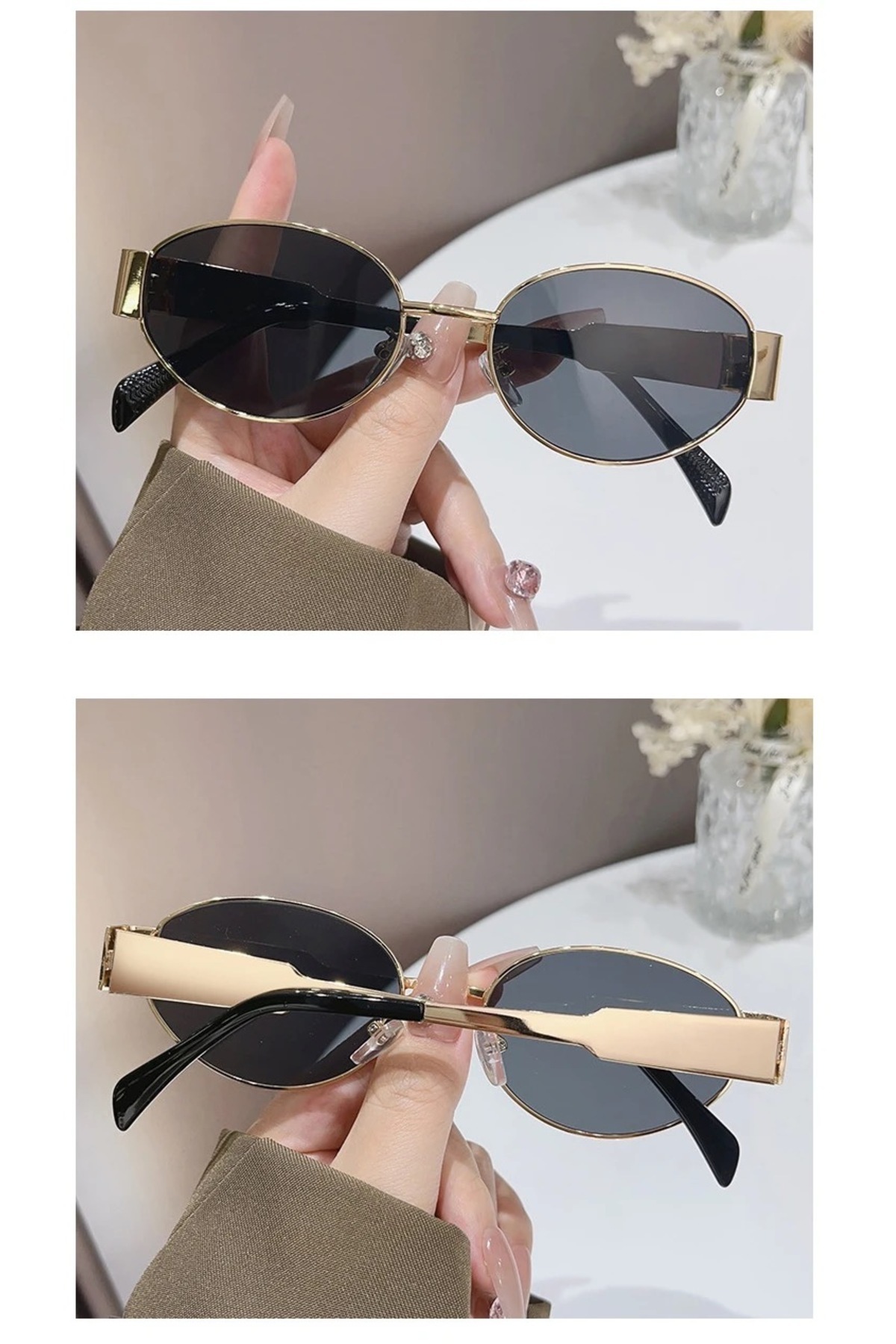 LOOKUP NEW Alev 56 Ekartman Unisex Kadın Uv400 Korumalı Oval Gold Siyah NyIon Cam Metal Güneş Gözlüğü görsel 5