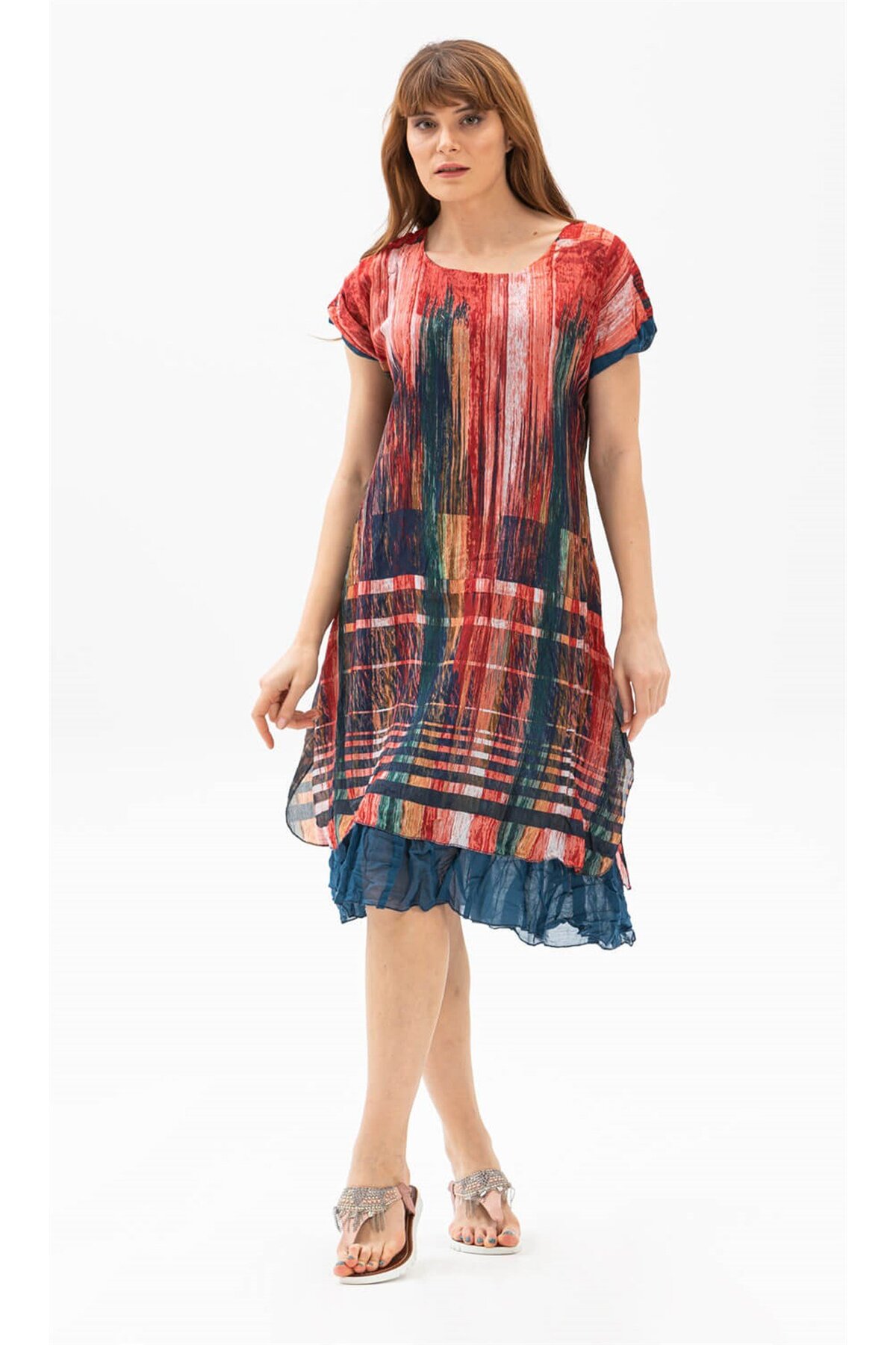 Short Sleeve Voile Laurel Midi Size Summer Authentic Dress Burgundy Navy Blue Striped 6095(Mite)