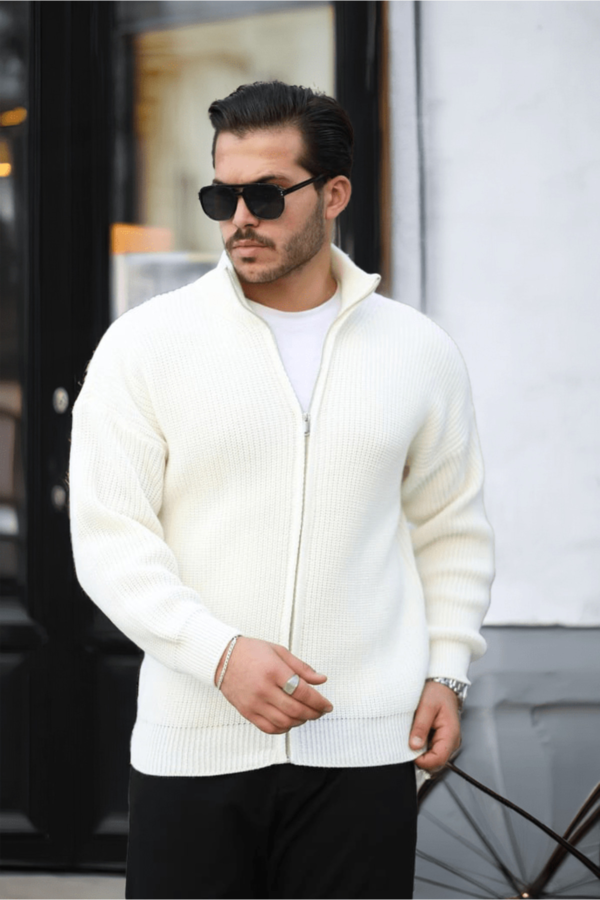 Valiberta  Woody Oversize Selanik Örme Fermuarlı Erkek Hırka- Ekru - Görsel 7