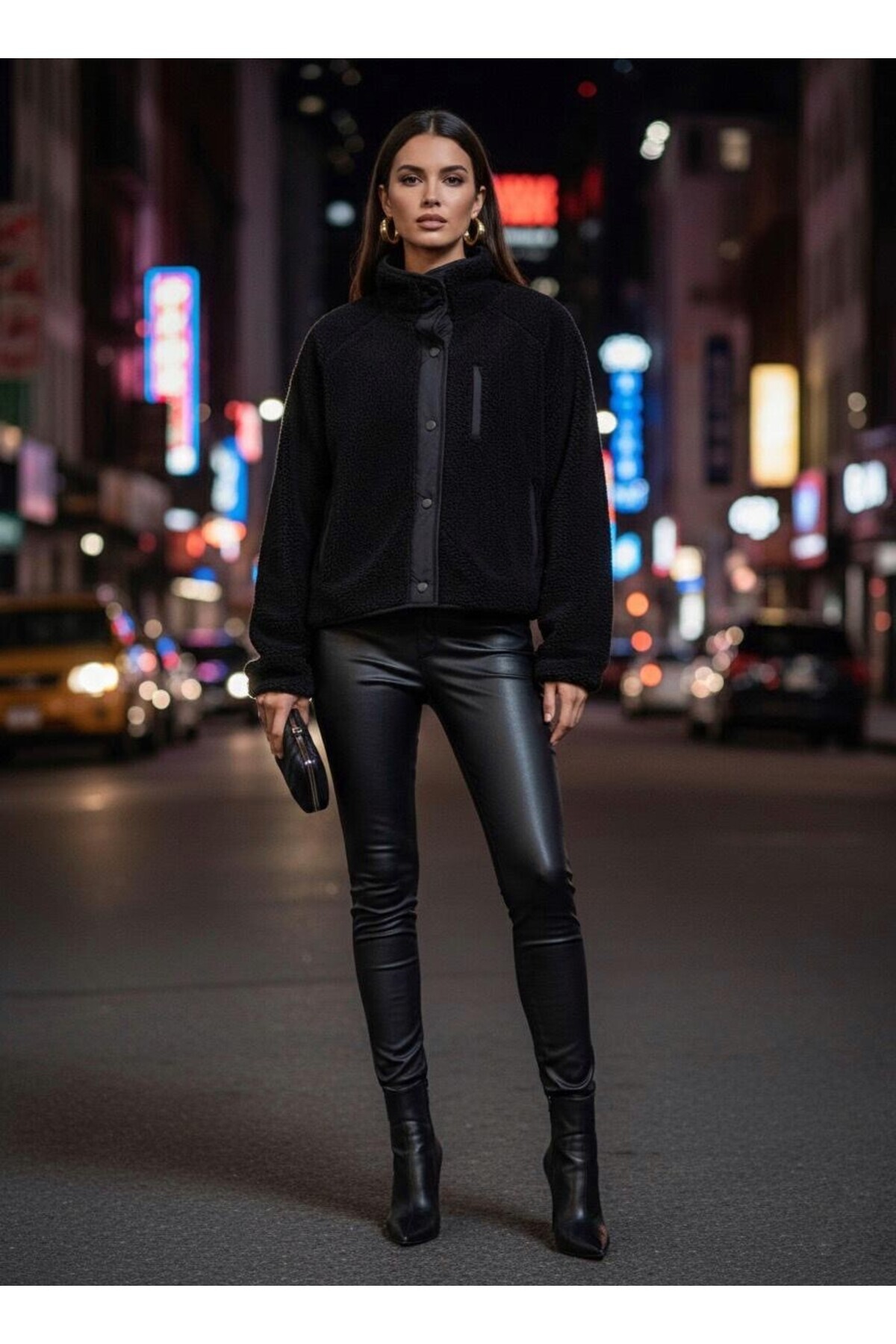 Grenj Fashion  Siyah Oversize Peluş Örme Spor Ceket - Görsel 5