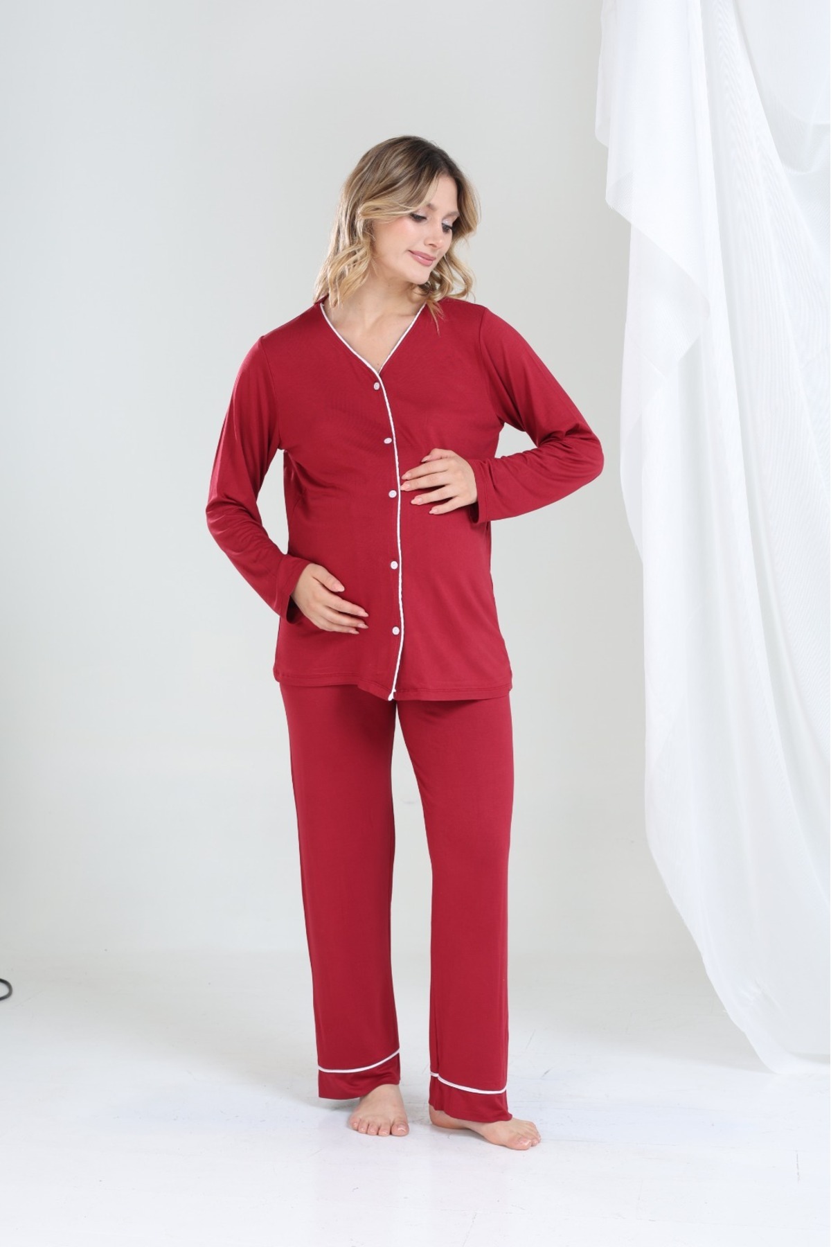 Mivoon Bambu Kumaş Gecelik Sabahlık Takımı - Düğmeli Fitilli Model