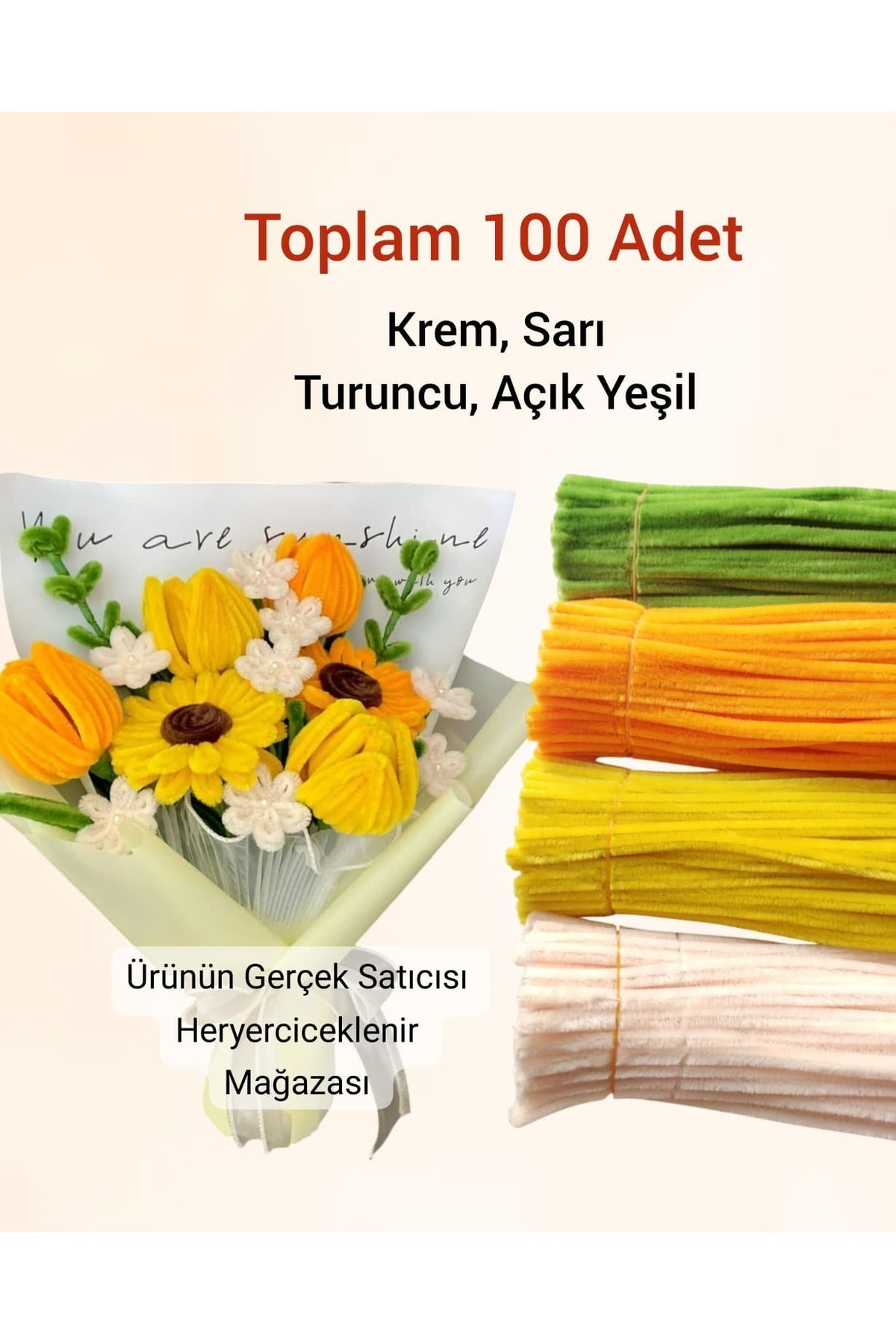 hyc heryerçiçeklenir 4'lü Şönil Seti 25 Adet Krem,25 Adet Sarı,25 Adet Turuncu,25 Adet Açık Yeşil, Tüylü Tel