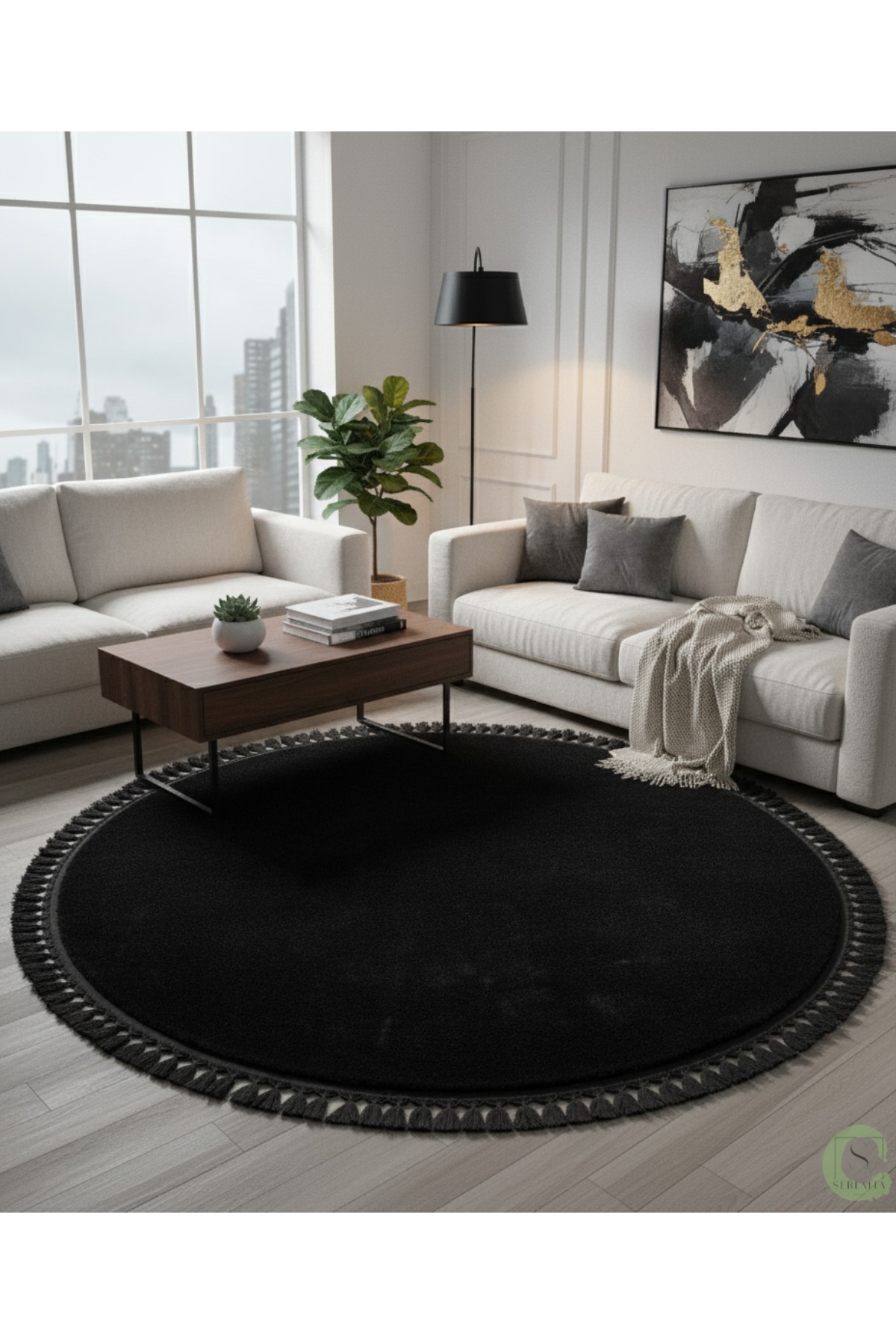 Post/Plush Black Round Fringed Rug Washable Anti-Slip Floor Lounge Seat Aisle Kitchen