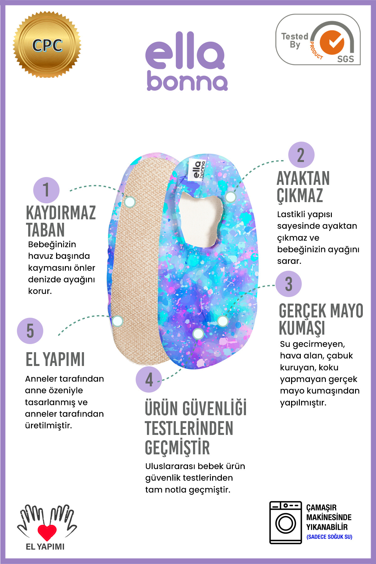 Ella Bonna Kaydırmaz Taban Unisex Bebek Çocuk Deniz Ayakkabısı Havuz Patiği Fırçalı Renkler Deniz fotoğrafı 3 (önizleme)