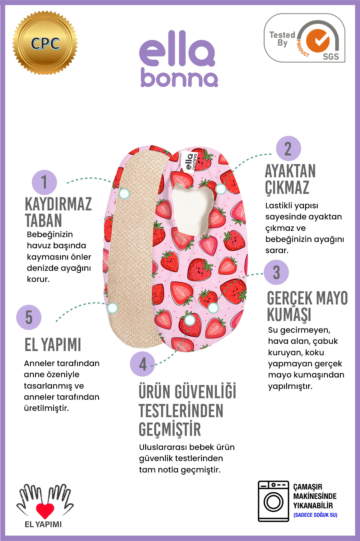 Ella Bonna Kaydırmaz Taban Unisex Bebek Çocuk Deniz Ayakkabısı Havuz Patiği Çilekler fotoğrafı 3 (önizleme)