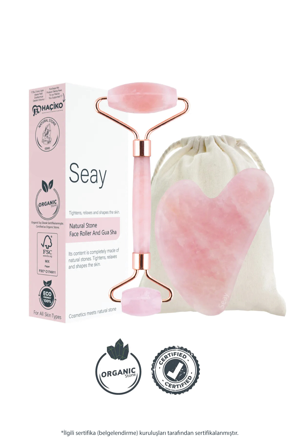 Seay Pembe Kuvars Roller Ve Pembe Kalp Gua Sha Yüz Masaj Aleti Seti Keseli Değerli Doğal Taş Sertifikalı