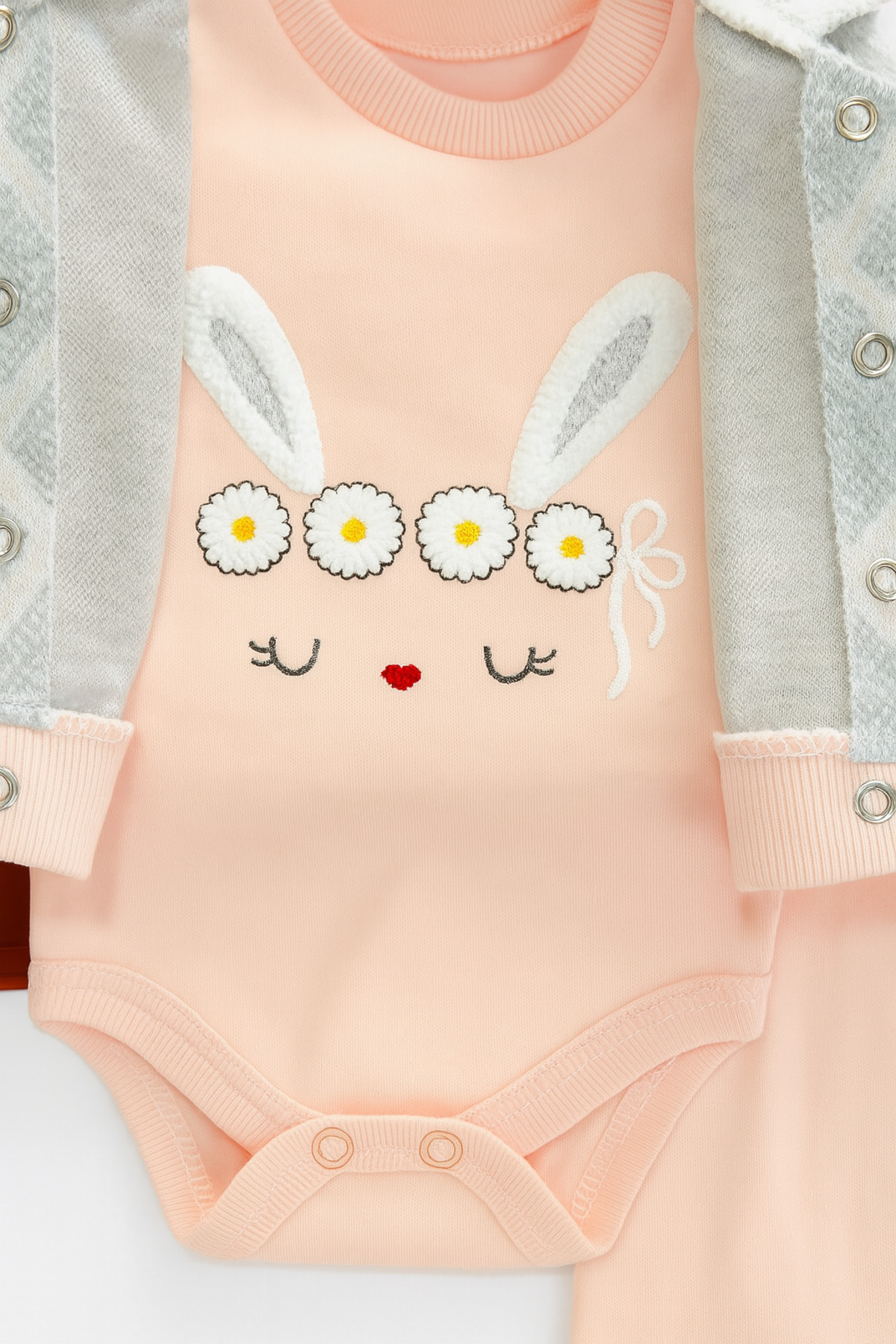 VEGAMOD Kız Bebek Kapüşonlu Tavşan Kulaklı Çizgili Tavşan Baskılı 3 Parça Zıbınlı Şirin Kız Takım Somon fotoğrafı 4 (önizleme)