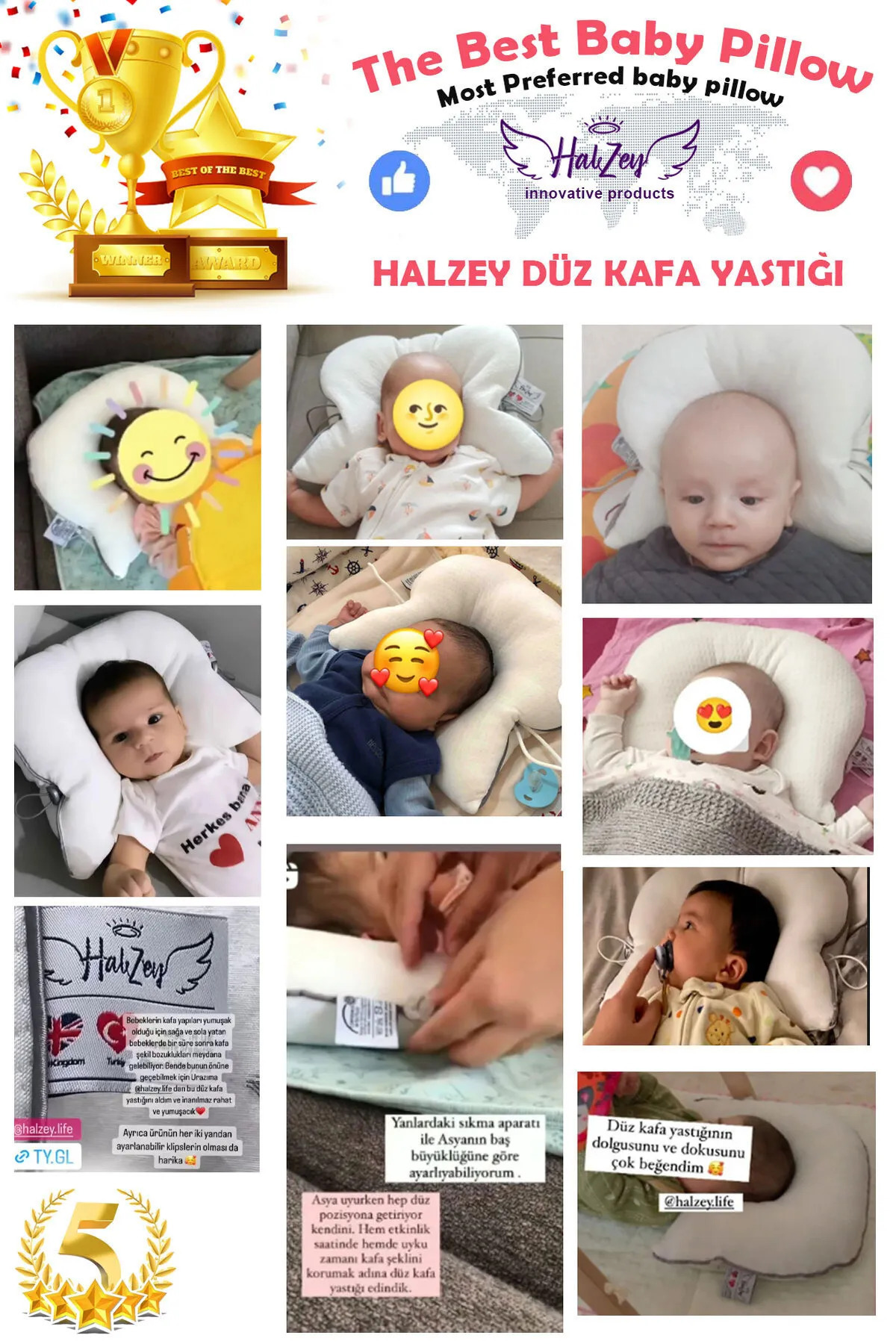 HALZEY Düz Kafa Yastığı & Bebek Yastığı %100 Pamuk, Terletmez, Gri Kalp Desenli fotoğrafı 4 (önizleme)