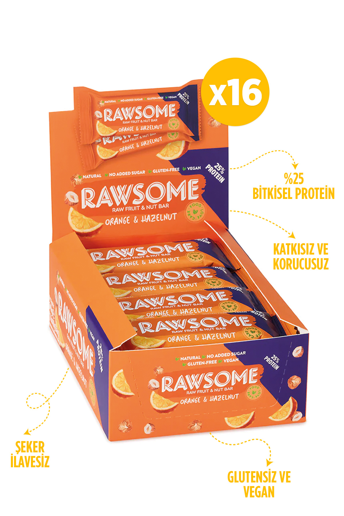 Rawsome Portakal Ve Fındıklı Glutensiz Ve Vegan Yüksek Proteinli Bar 40g X 16 Adet