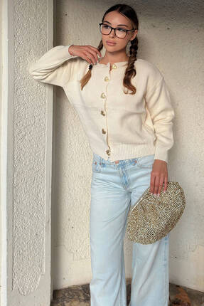 Swist Bej Heart Gold Kalp Düğmeli Kadın Triko Hırka