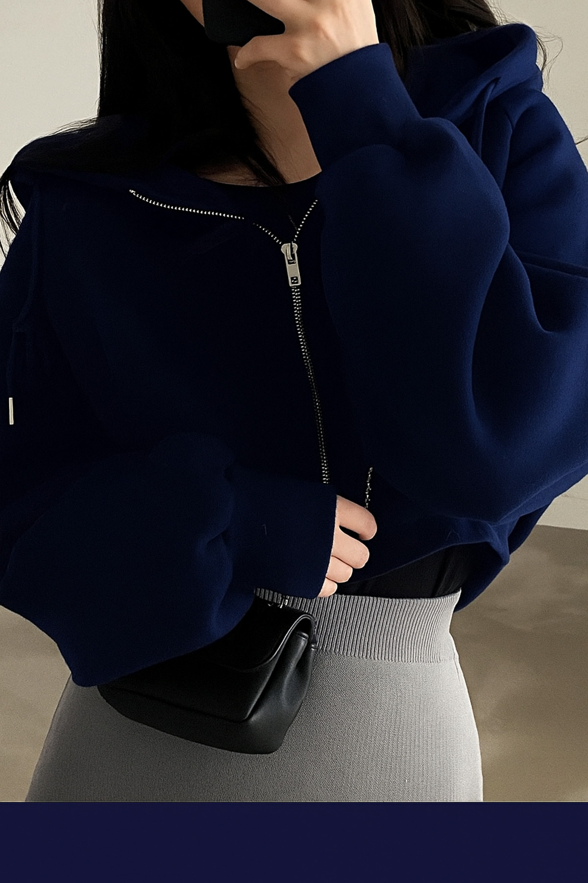 DEZZİİ  Lacivert Fermuarlı Crop Sweatshirt Hırka - Görsel 2