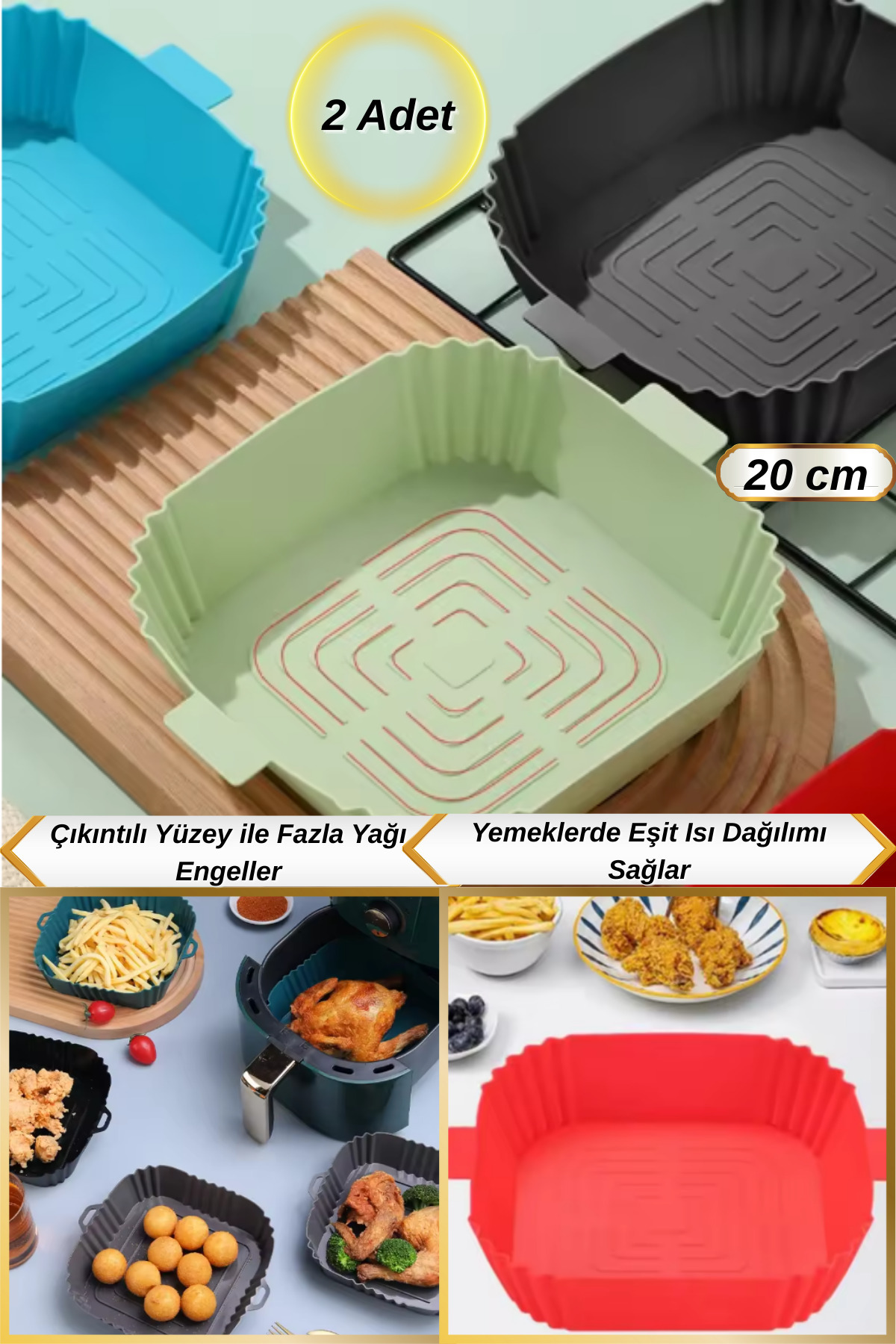 Hane Dostu 2 Adet Renkli Kare Model Yüksek Isıya Dayanıklı Silikon Fırın Airfryer Pişirme Matı