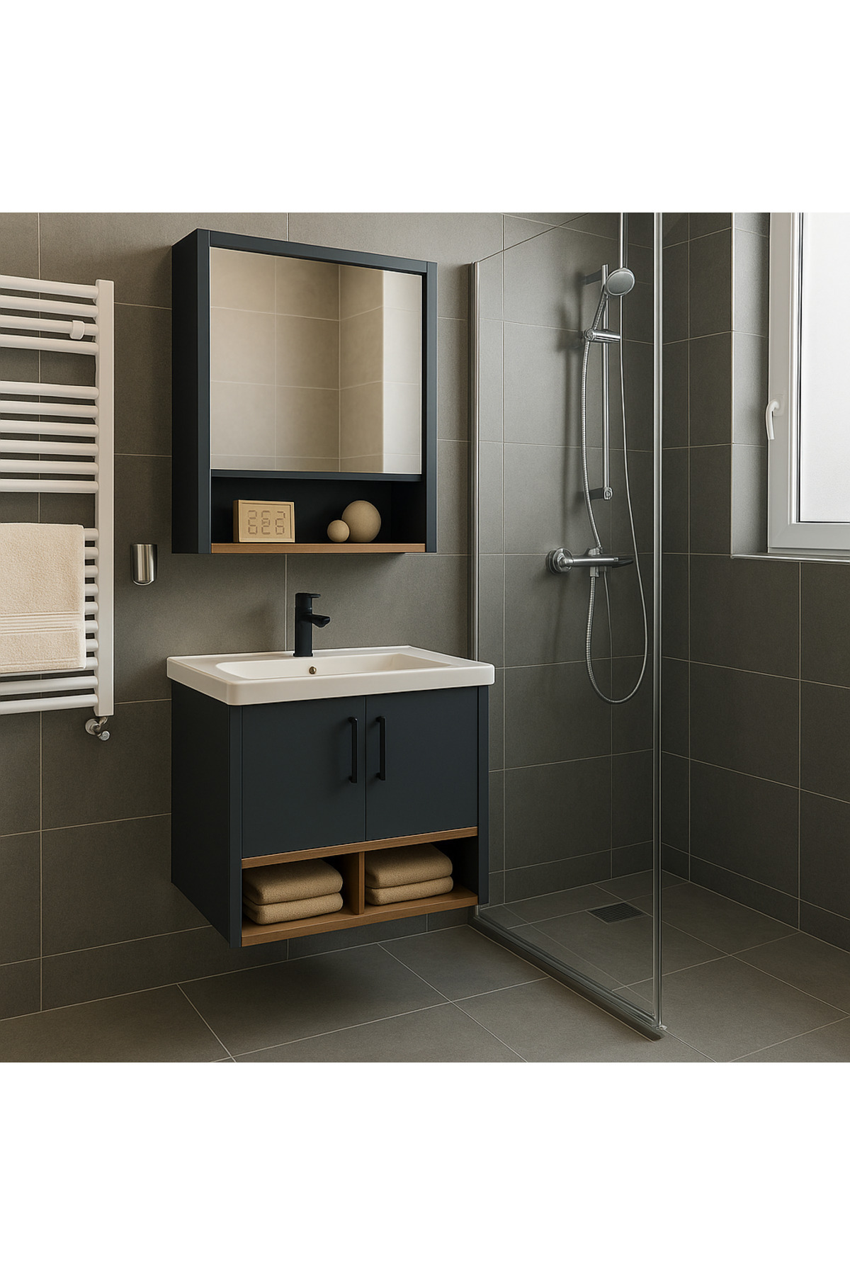 Tasarım Legna 65 cm Banyo Dolabı Takımı – Antrasit & Ahşap – MDF – Seramik Lavabolu – Alt ve Üst Dolaplı