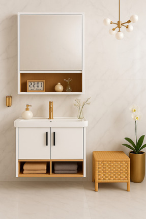 Tasarım Legna 65 cm Banyo Dolabı Takımı – Beyaz & Ahşap – MDF – Seramik Lavab...