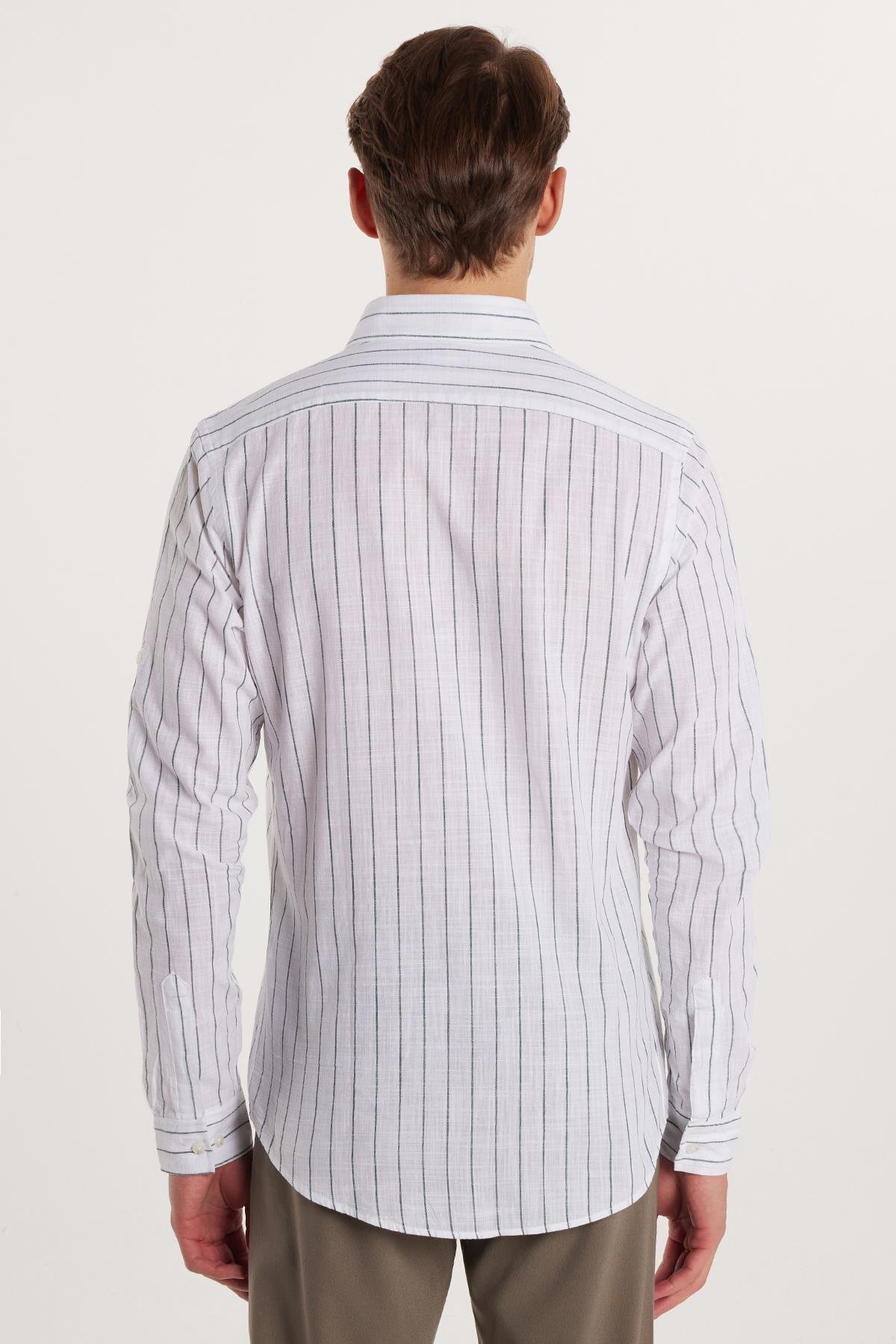 Tudors Erkek Slim Fit Dar Kesim Uzun Kollu %100 Pamuk Keten Doku Çizgili Gömlek görsel 6