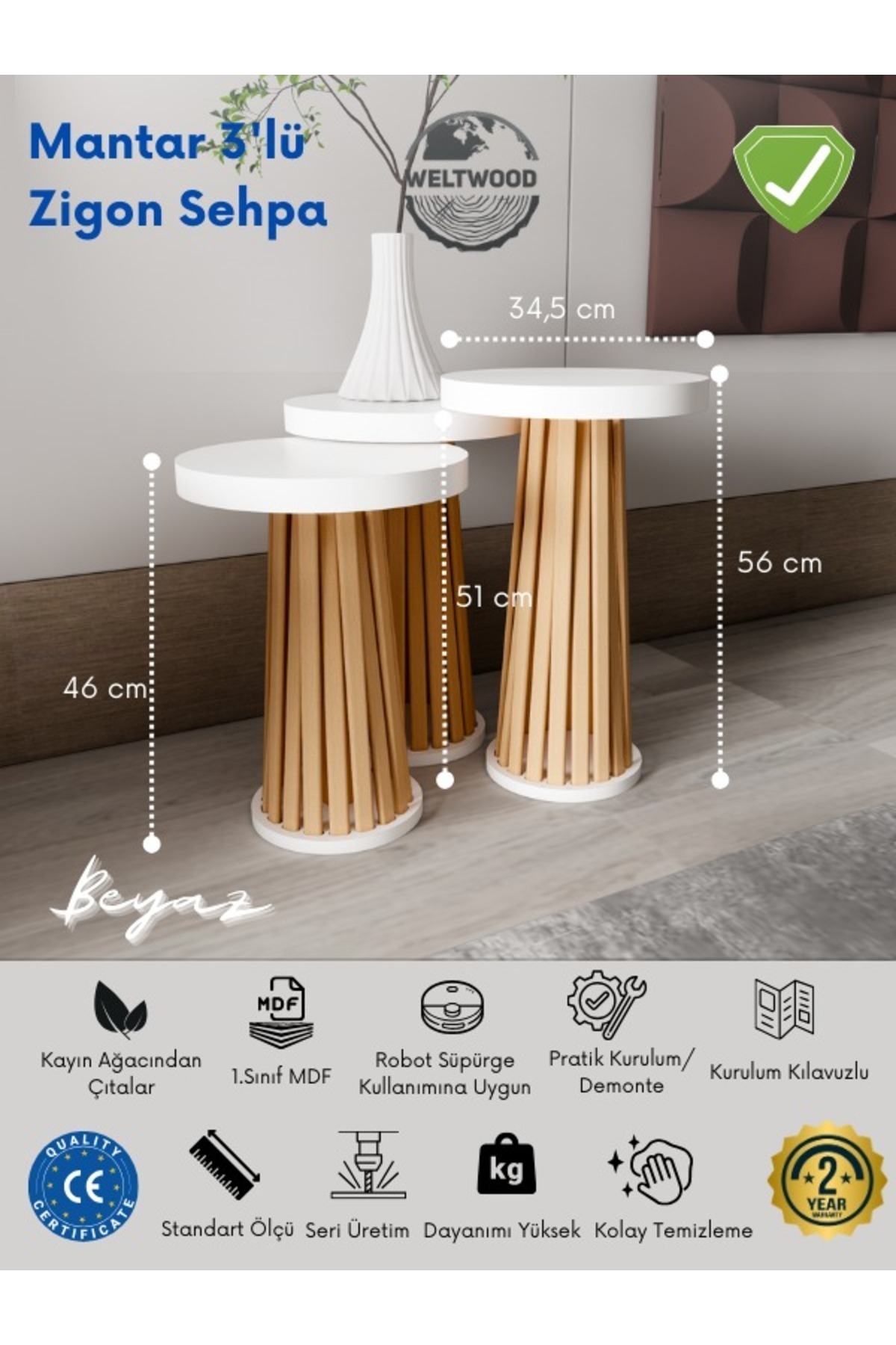 BebeK on For Weltwood Mantar 3’lü Zigon Sehpa 36mm Çift Katman %100 Mdf Üst Tabla, Cilalı Kayın Çıtalı Gövde