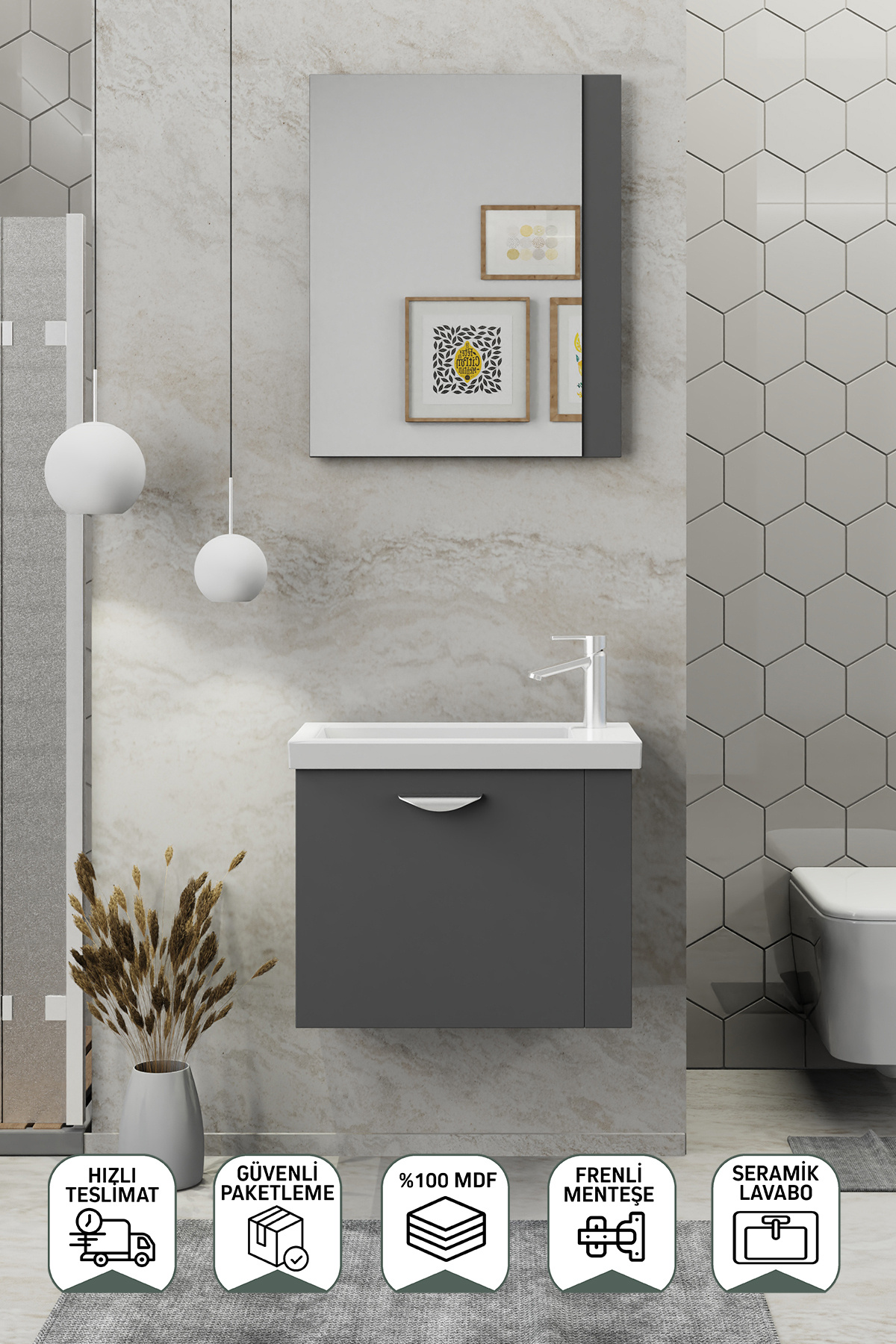 BIANI Fix Maxila 60 Cm Banyo Dolabı,Seramik Lavabolu,Aynalı,Lavabo Dahil,Mdf,Mat Gri